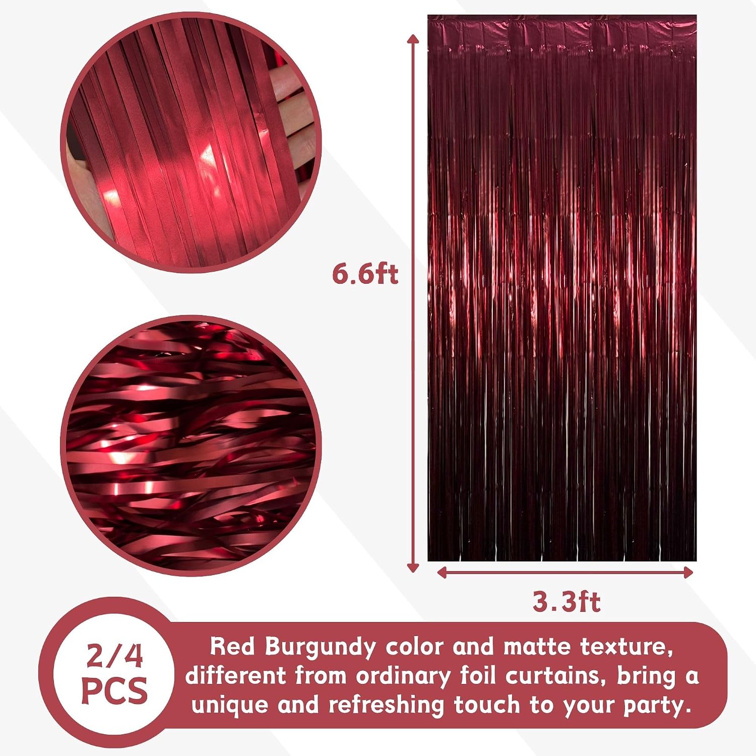 Matte Burgundy Foil Fringe Tinsel Backdrop, 4 Pack, 3.3 x 6.6 Ft | Matte Maroon Streamers, Indoor Photo & Cake Table Backdrop, Vino Before Vows Bachelorette, Wine Themed Party Decorations