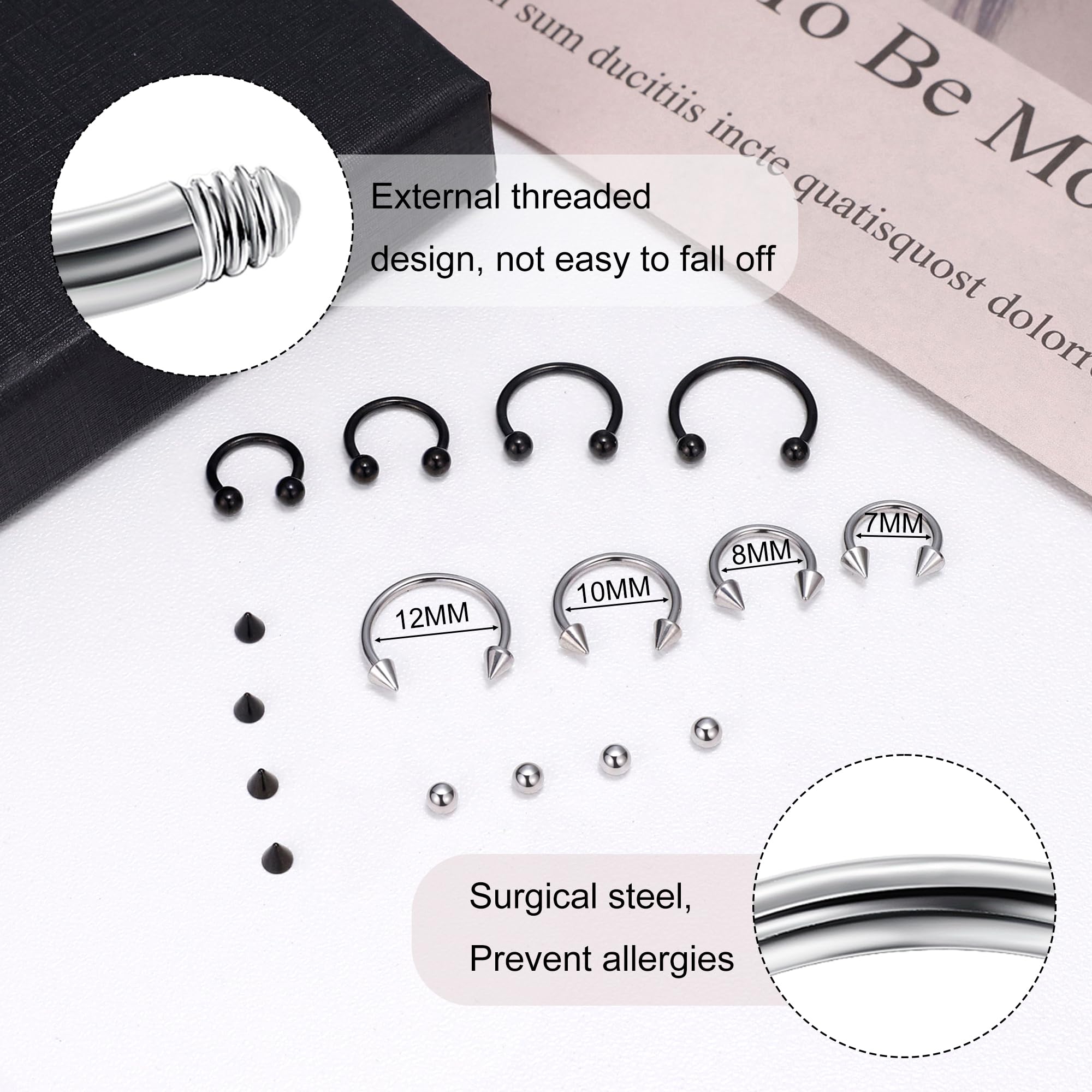 8Pcs 14G 16G 18G 20G Horseshoe Septum Nose Ring Helix Cartilage Earrings Hoops Hypoallergenic Tragus Daith Eyebrow Lip Ring Smily Piercing Jewelry Replacement Ball Spikes 7-12MM: Silver + Black 20G