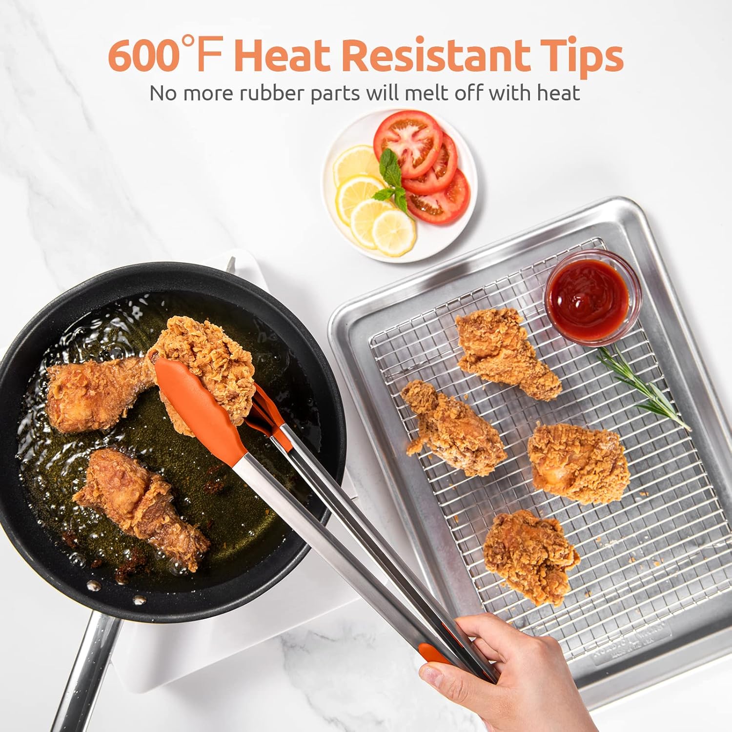U-Taste 600ºF Heat Resistant Food Grade Non Stick Firm Cooking Tongs (16 in), and 18/8 Stainless Steel 4.73in Medium Fine Mesh Strainer with Sturdy Riveted Silicone Handle and Strong Frame (Orange)