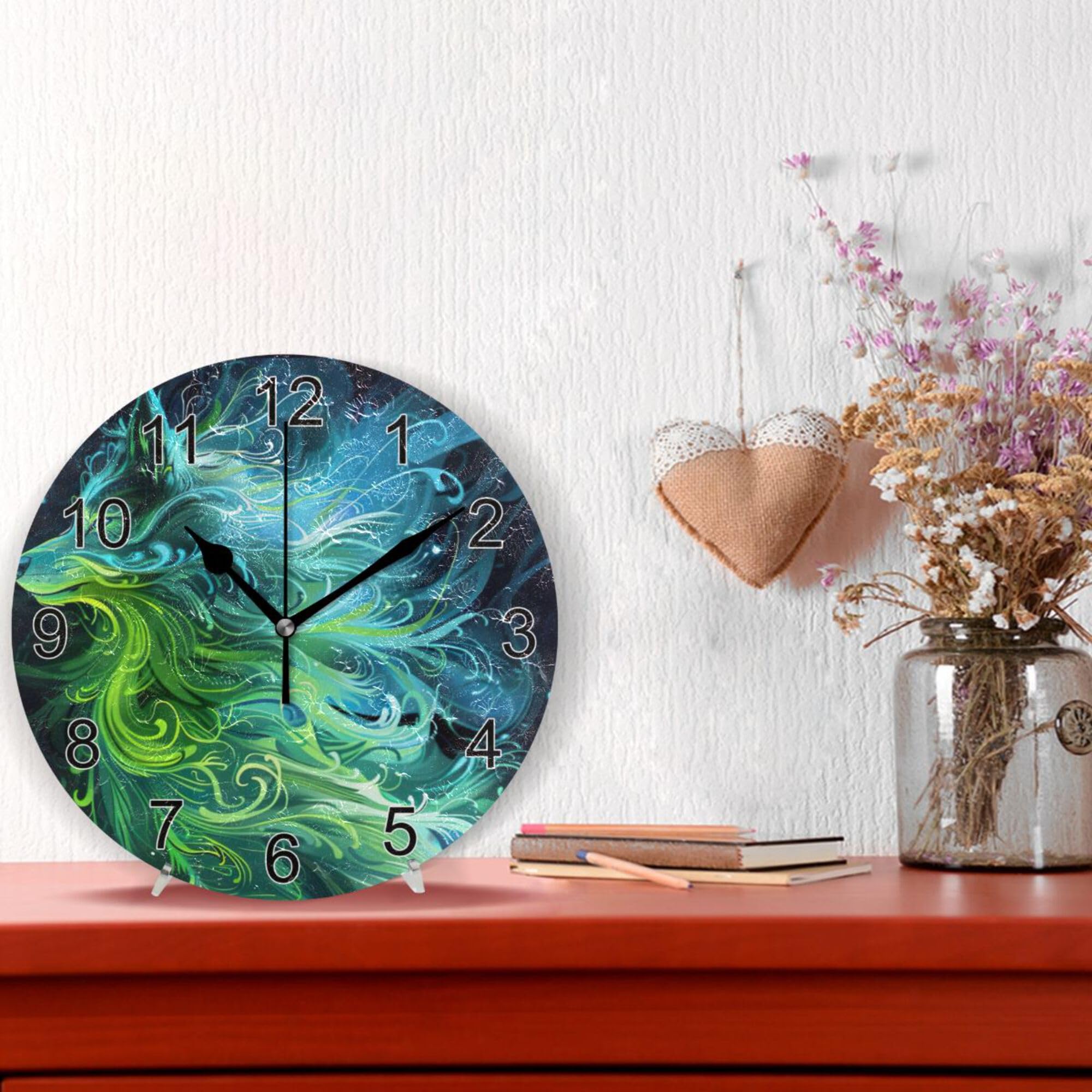 Horloge Murale Résine Loup Et Lune - Phosphorescente - Artisanale