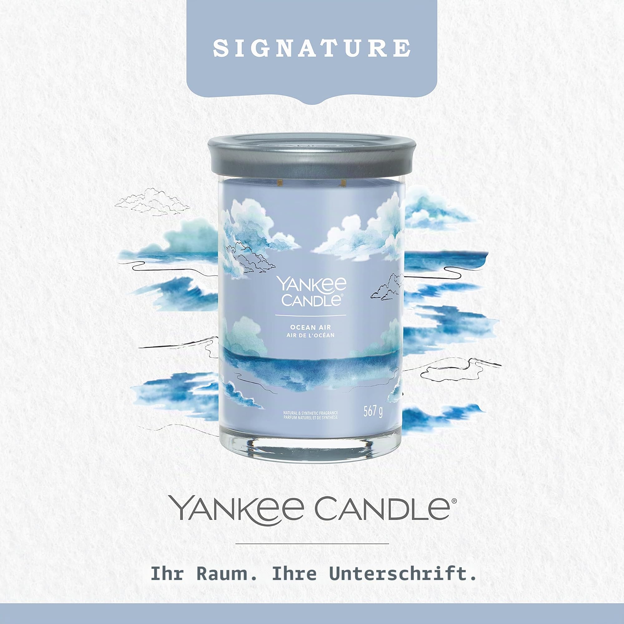 Yankee Candle Signature Duftkerze | große Tumbler-Kerze mit langer Brenndauer „Ocean Air“ | Soja-Wachs-Mix | Perfekte Geschenke für Frauen
