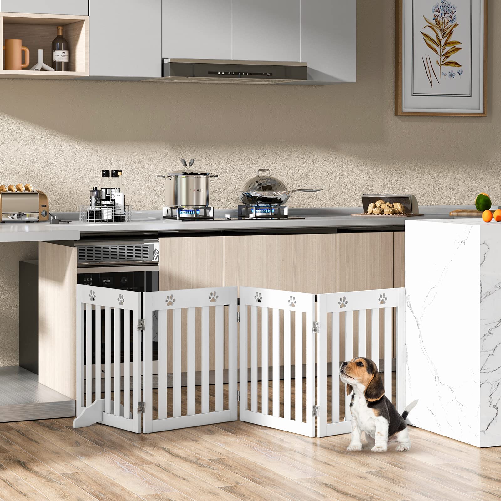 RELAX4LIFE Schutzgitter faltbar, Absperrgitter 3/4 Teile, Hundegitter Hundespur-Design, für Kinder Hunde Tiere, Sicherheitsgitter 360° drehbar, Gitter für Treppe Balkon Kamin Tür (4 Teilig, Weiß)