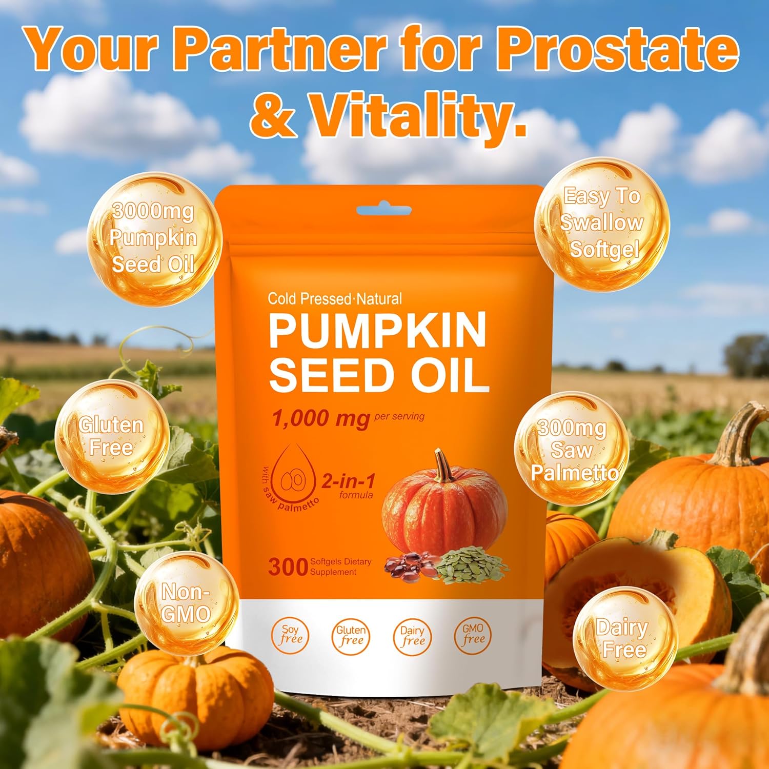 Cold Pressed Pumpkin Seed Oil & Saw Palmetto Softgels (1000mg) - 2-in-1 Formula for Hair Growth, Skin Health & Prostate Support - 300 Count, Non-GMO Natural Supplement - Image 4