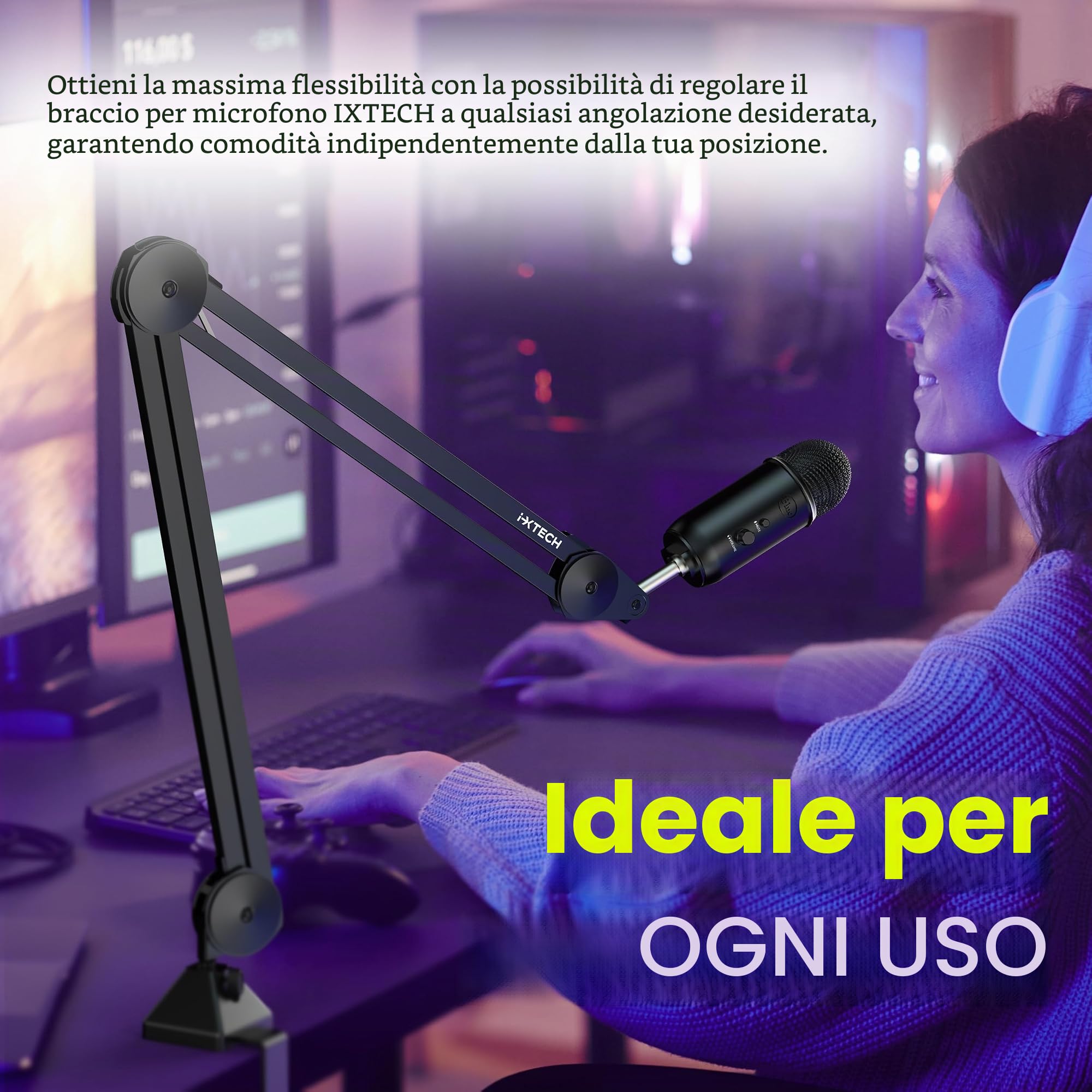 IXTECH Supporto per microfono a braccio regolabile, resistente, con fascette, supporto da scrivania per gaming, streaming e podcasting.