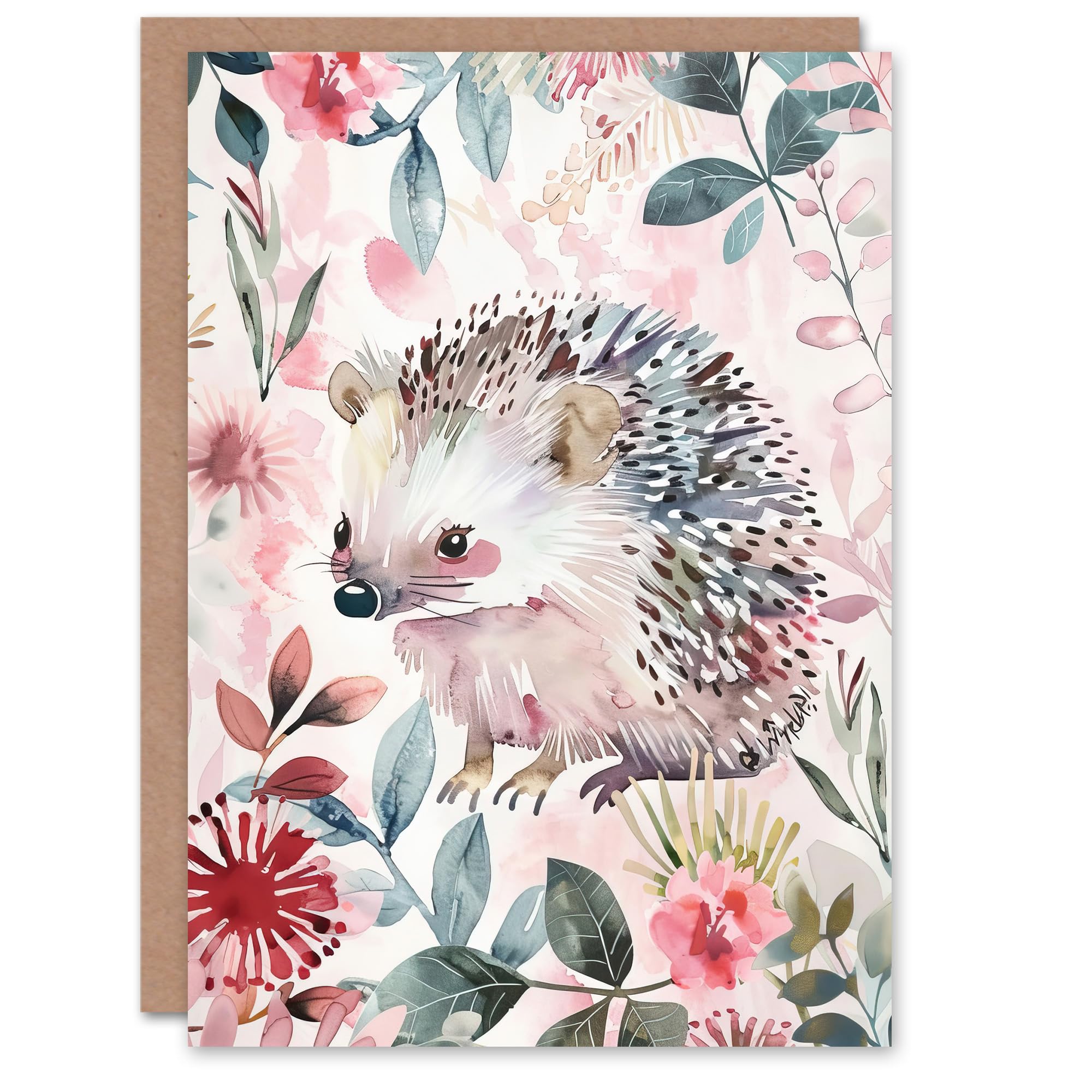 Artery8 Greeting Card Cute Pastel Hedgehog in Wildflowers Watercolour Blank For Kids Child Birthday Card