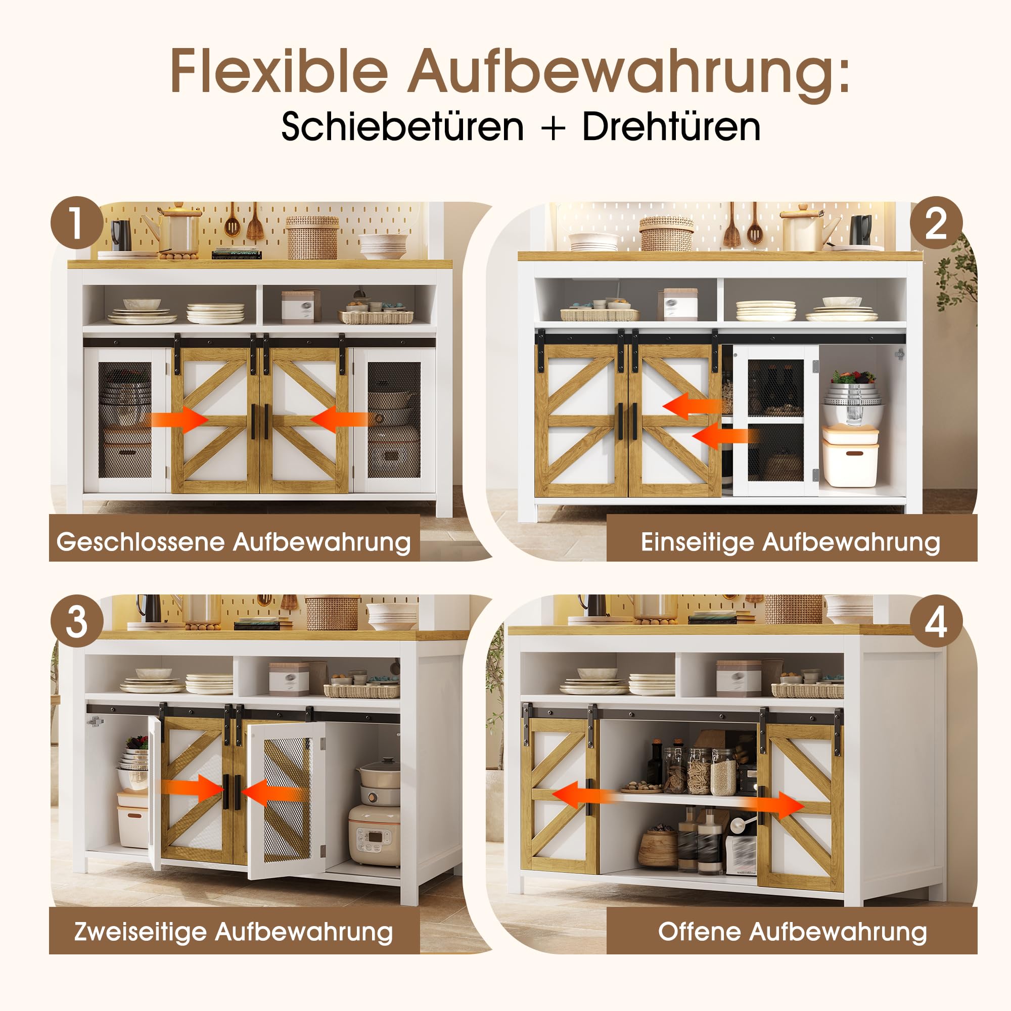 Küchenschrank mit LED-Beleuchtung und USB-Anschluss, Hochschrank mit Multifunktionaler Stauraum, Buffetschrank mit Metallgittertüren und Lochblech, Weiß-B, 120x40x174.5 cm