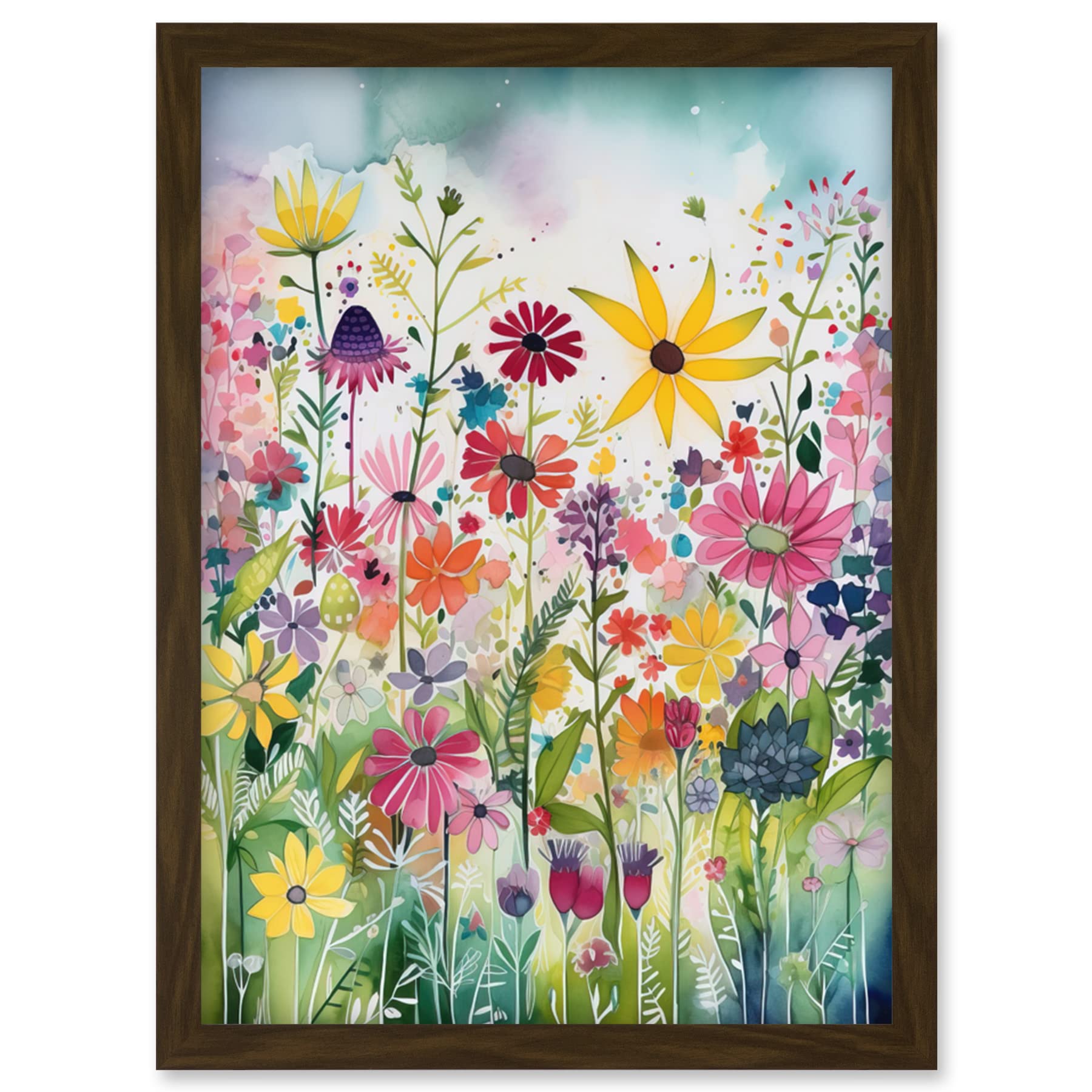 Artery8 Bright Wildflower Floral Blooms Folk Art Artwork Framed Wall Art Print A4