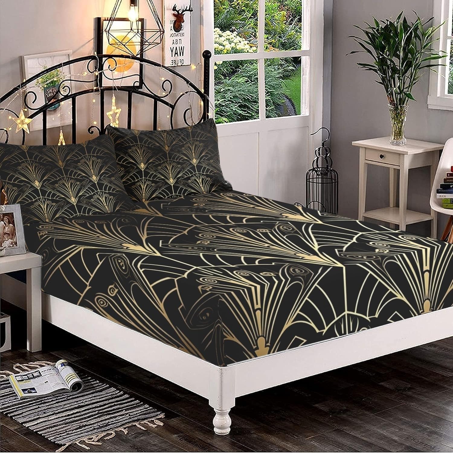 Sabana Bajera 180x200 Estilo ArtíStico Sabanas Bajeras Estampadas Dorado Y Negro Sábana Bajera Ajustable Suaves, Elastico Funda Colchon con 2 Funda Almohada 50x80 cm, para Colchón de 30cm de Altura