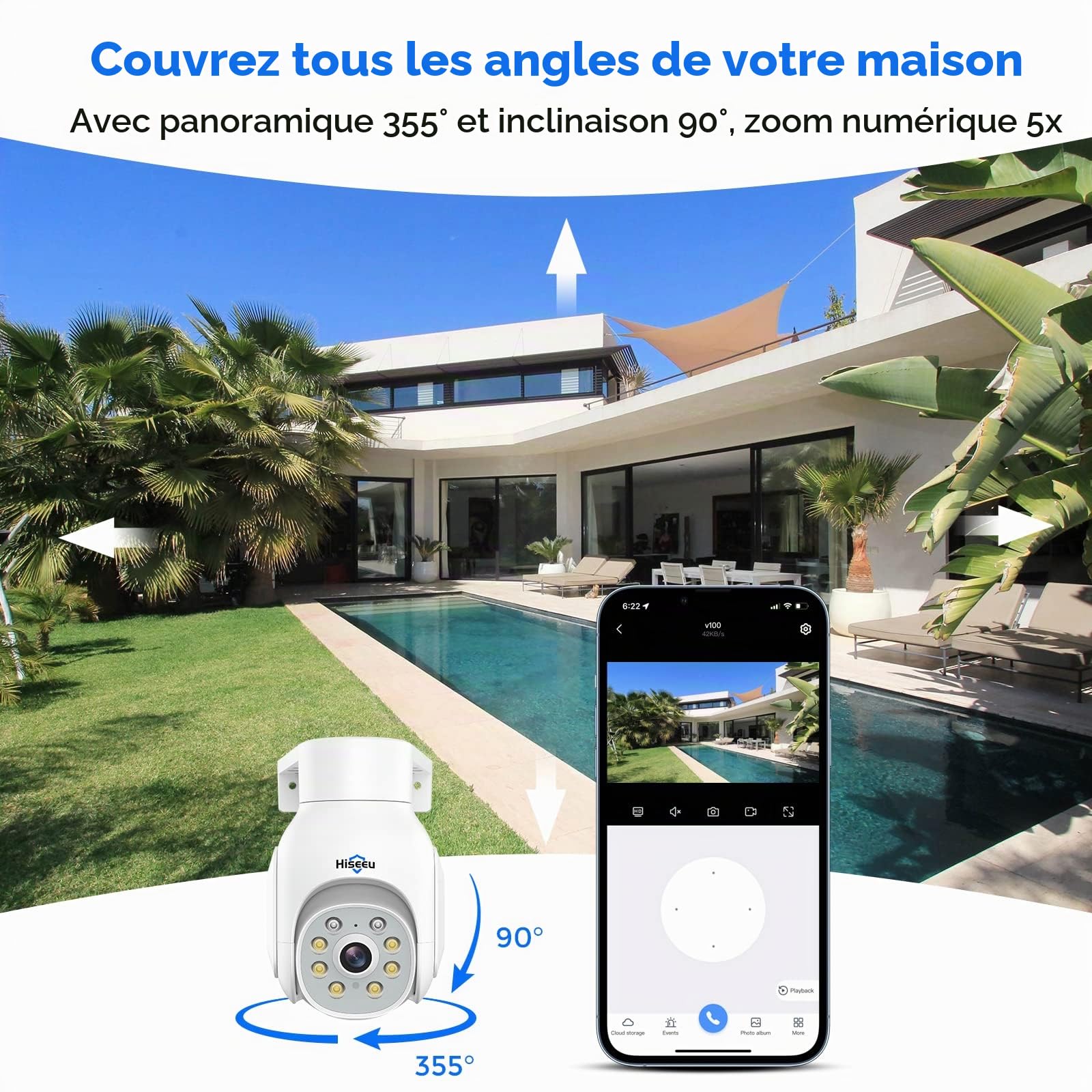 Hiseeu 2K PTZ Caméra de Surveillance WiFi, PTZ Caméra IP Vision Nocturne Couleur Détection Humaine Suivi Automatique 355° 90°,Son d'Alarme Audio Bidirectionnel Carte SD, Kit Compatible, IP66