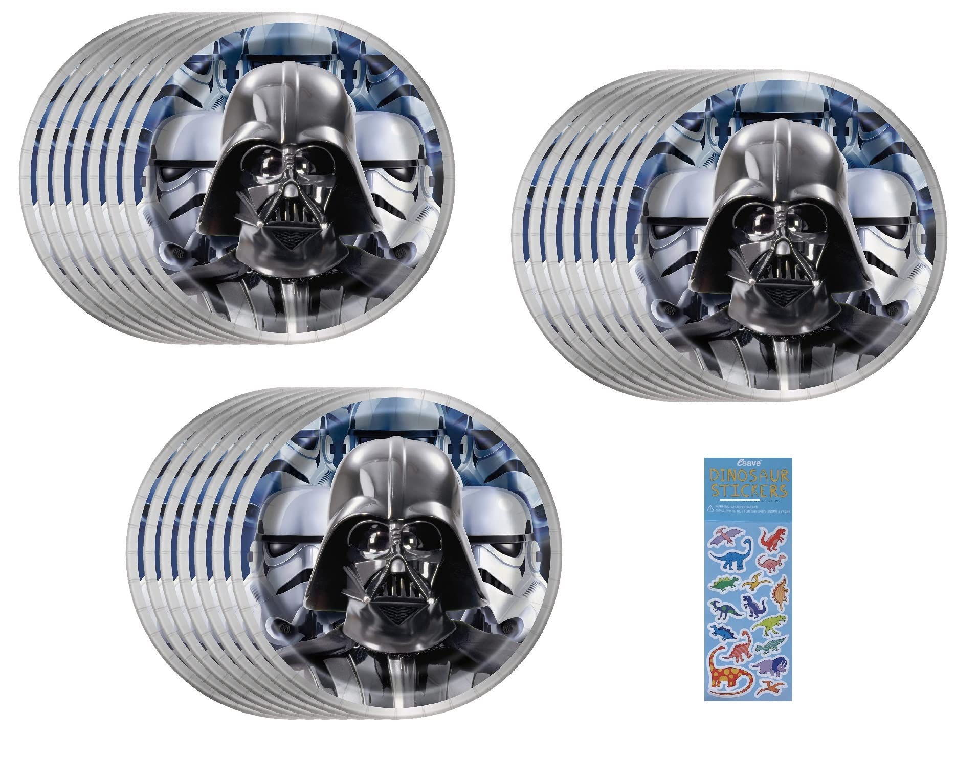 Unique Star Wars Classic Birthday Party Supplies Bundle Pack includes 24 Dessert Cake Paper Plates and 1 Dinosaur Sticker Sheet