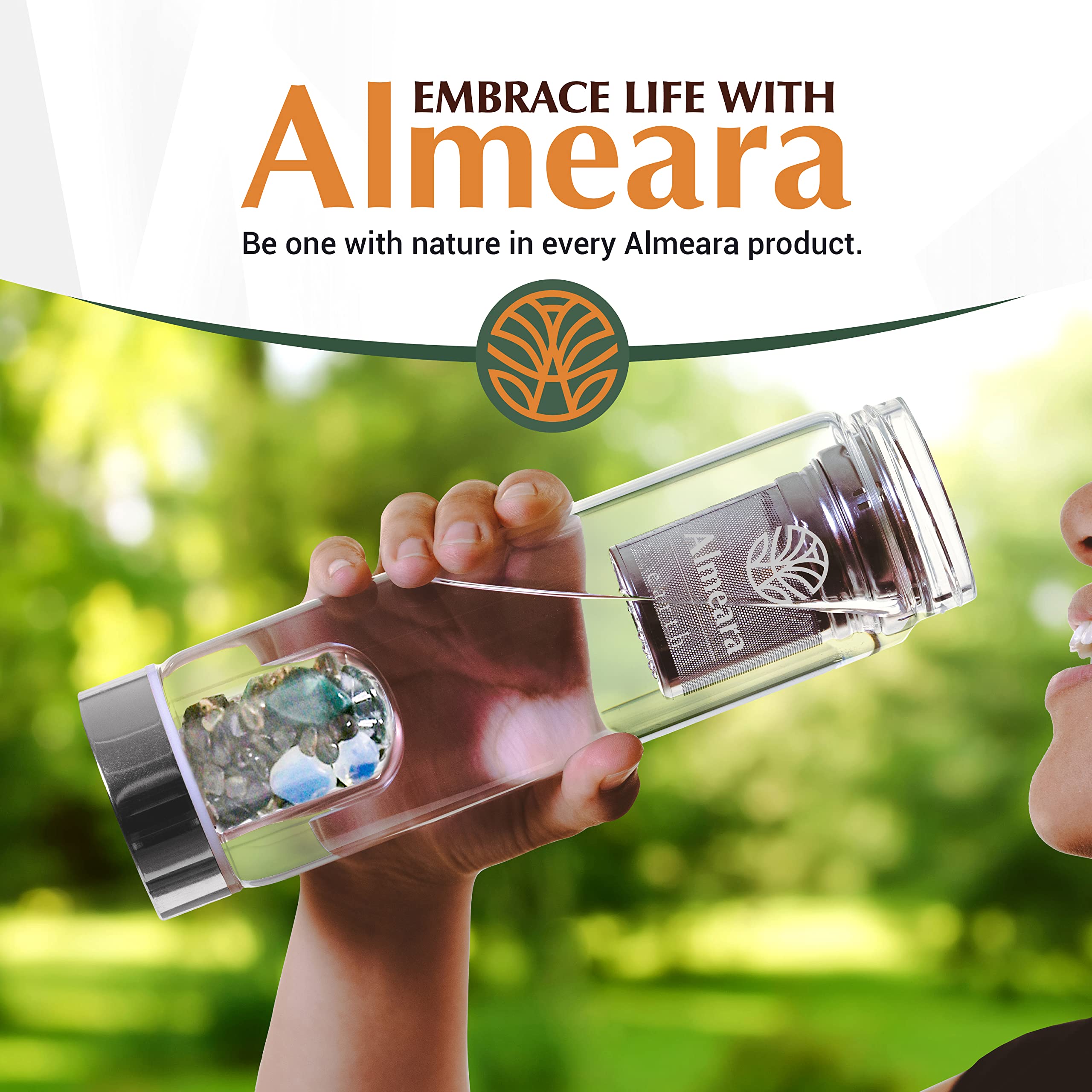 Almeara Botella de agua de cristal – Botella de agua con infusión de Elixir con gemas grandes – Tierra
