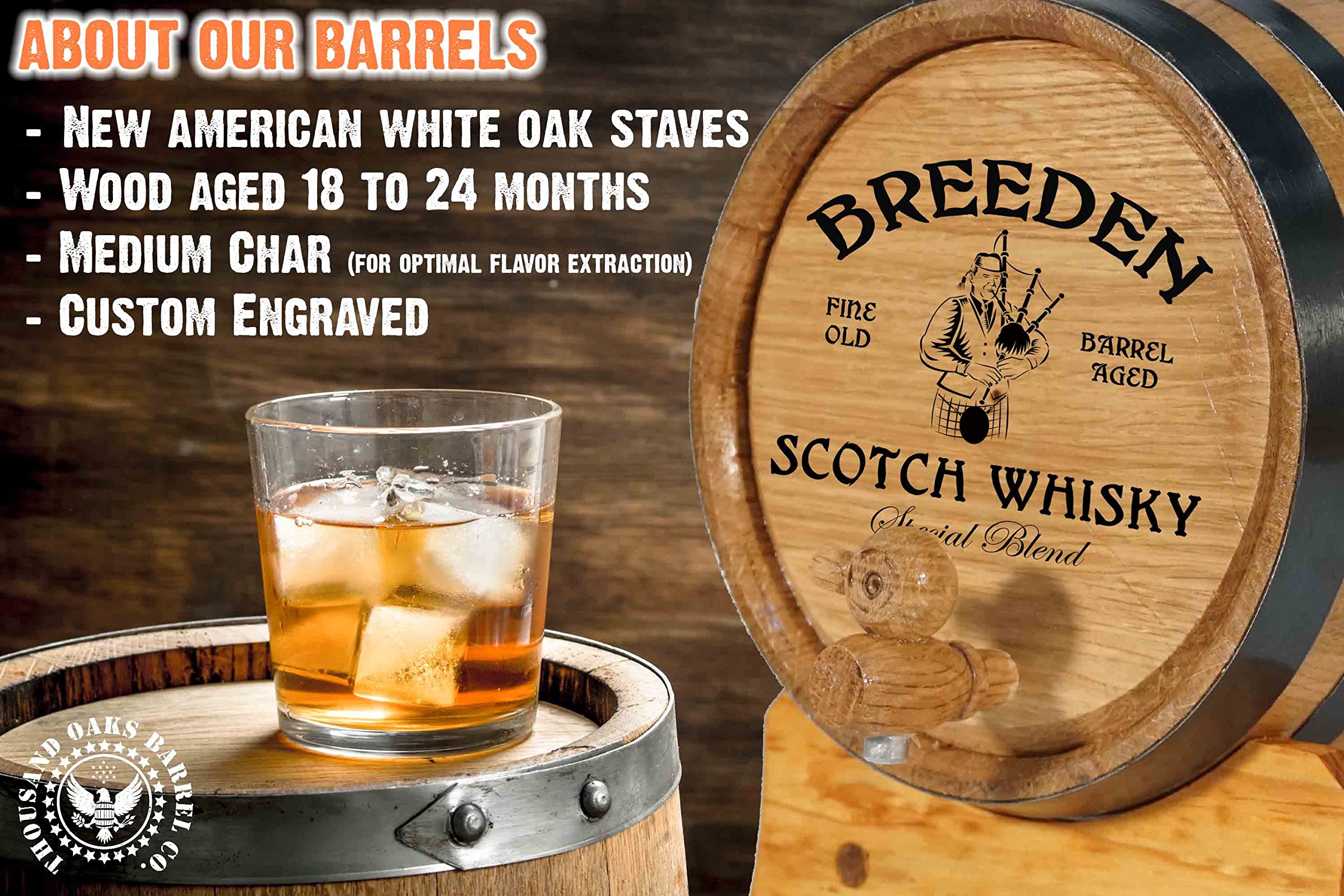 Thousand Oaks Barrel Co. | Personalized American White Oak 2 Liter Barrel with Stand, Bung, and Spigot - For The Home Brewer, Cocktail Aging Bartender -Bagpipe Design (B395)