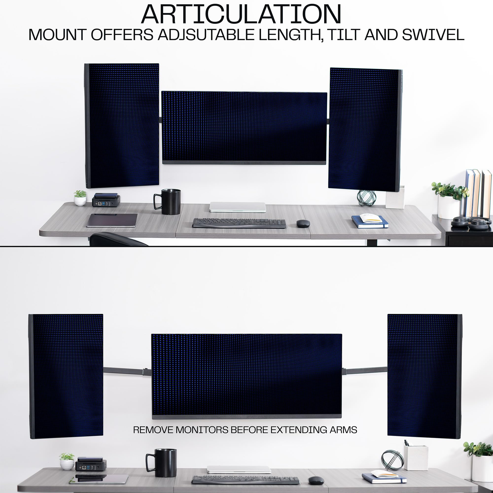 Vivo MOUNT-TS03C Support Mural pour Triple Moniteur, 3 écrans jusqu'à 10 kg, Ultra Large sur Le Support Central jusqu'à 96,5 cm, Bras télescopiques réglables, Montage Mural, Noir