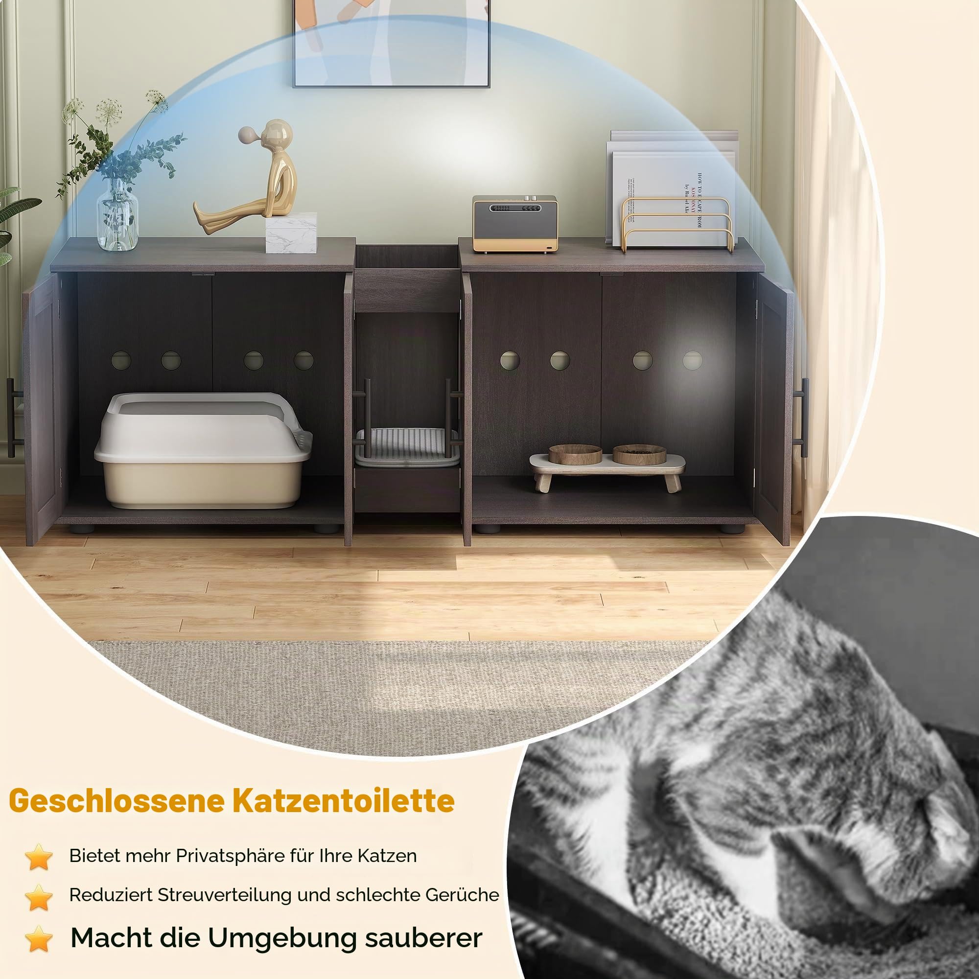 Katzenklo-Schrank für 2 Katzen – Großes Doppelzimmer-Katzenhaus, verstecktes Katzenklo-Möbel mit Scheunentor, wasserfeste & Pflegeleichte Oberfläche, Stauraum, Wohnzimmer Holz, 140 cm