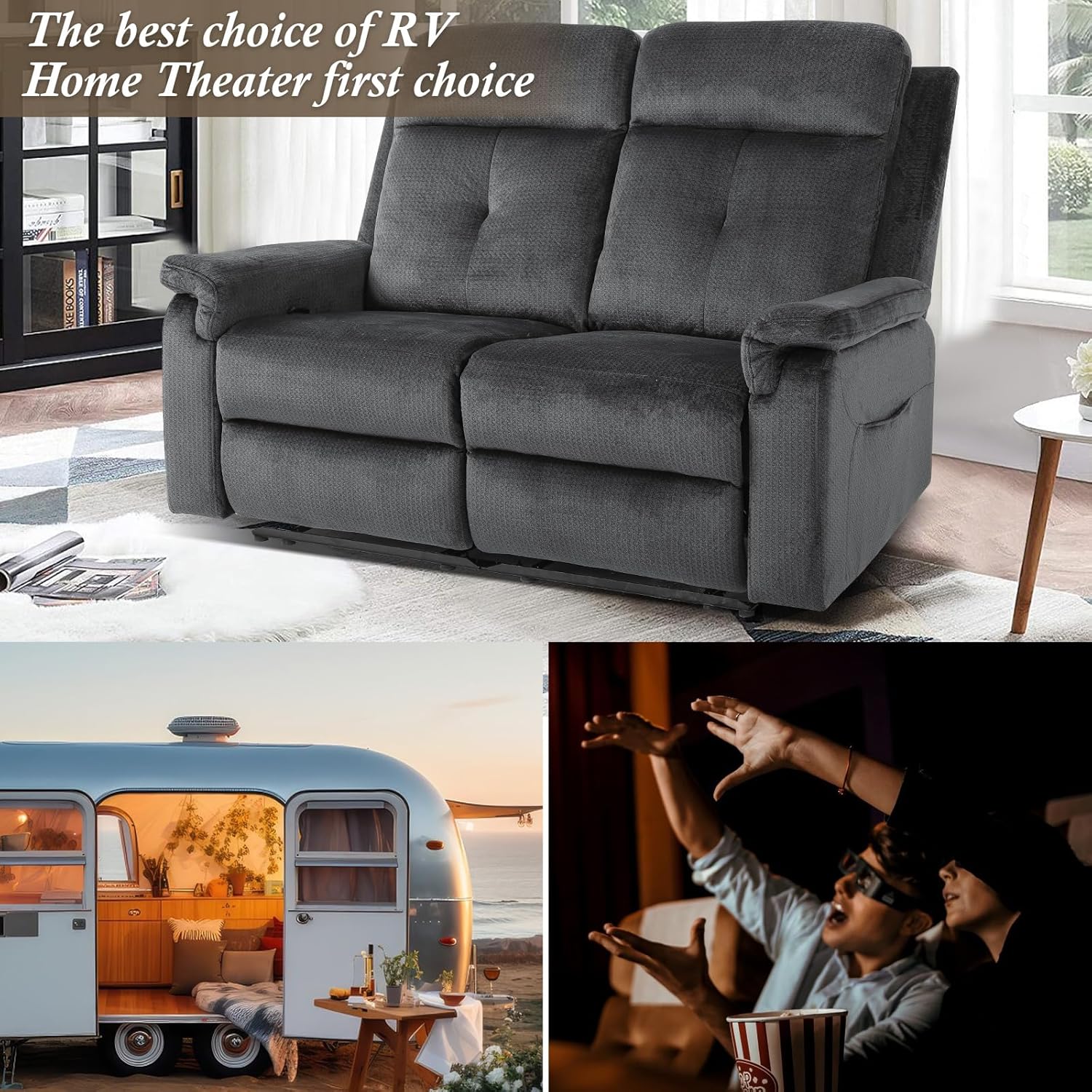 Loveseat Recliner, Velvet Reclining Sofa, 54'' Double Recliner Loveseat with Heat and Massage, RV Theater Seating, Manual Recliner Chair for Living Room (Velvet, Grey)