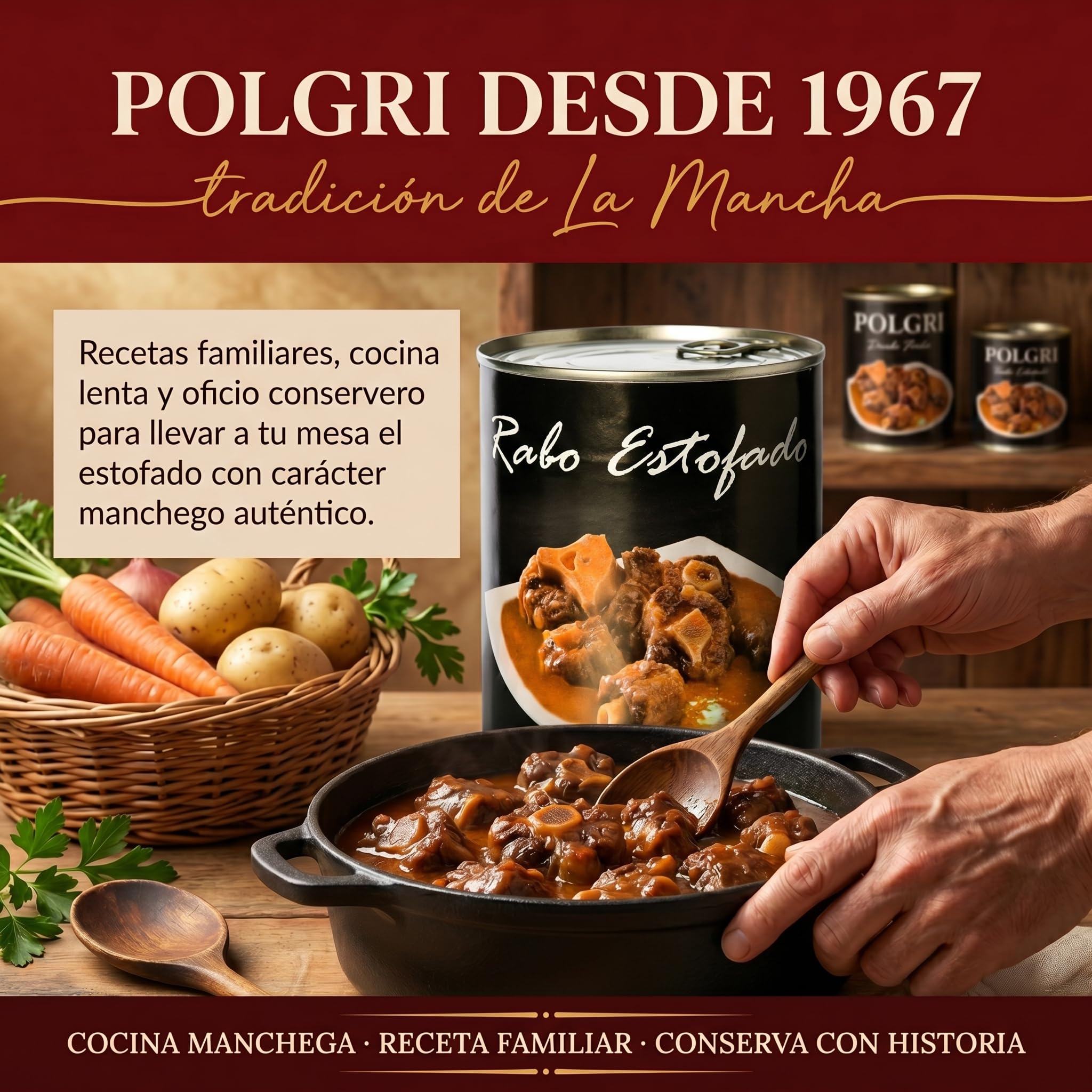 POLGRI Rabo de Vacuno Estofado 800g Receta Manchega Artesana 45% Carne Listo para Calentar Gourmet Español Plato Preparado