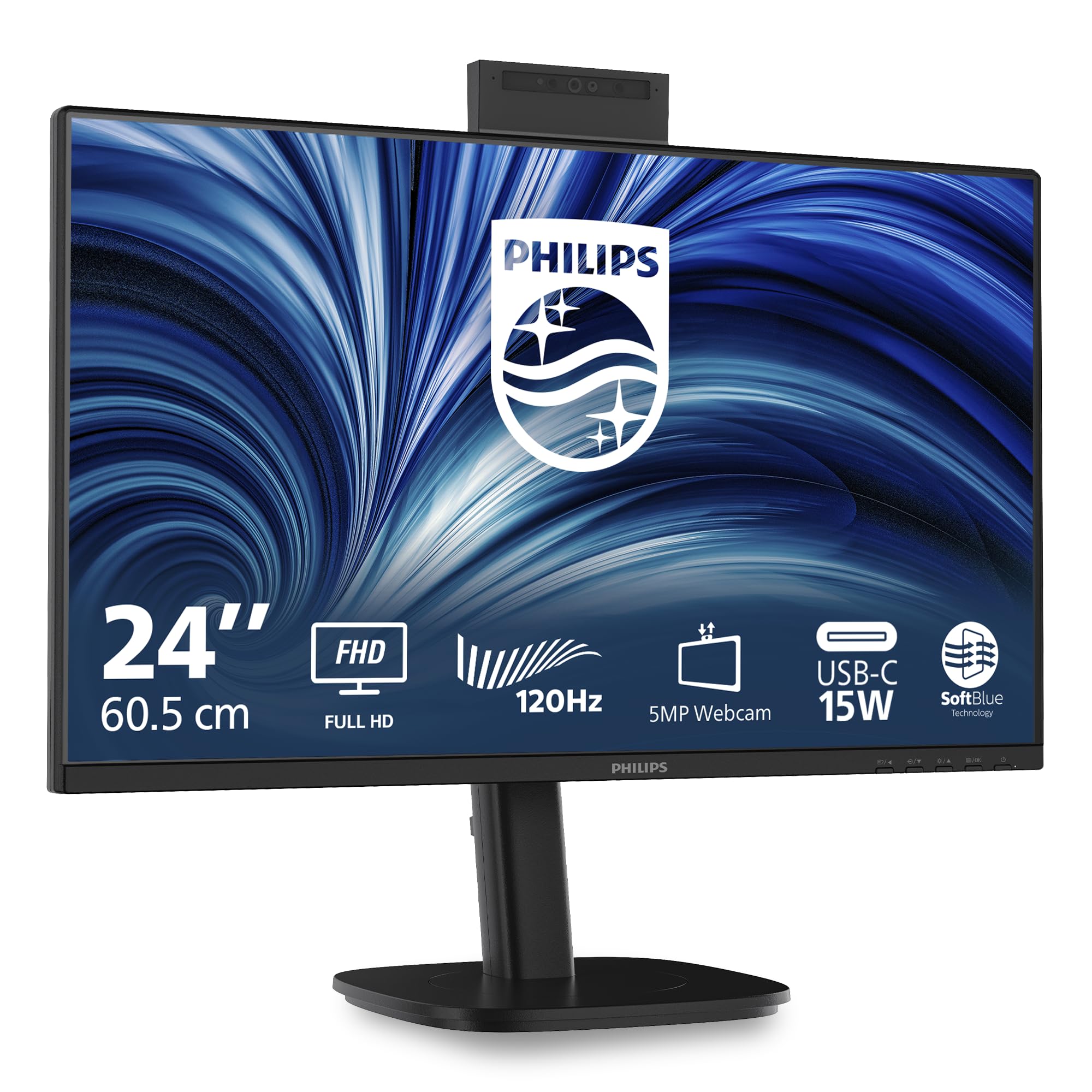 Philips Monitor 24B2N3200JH 24 pollici 1920x1080, FHD, 120Hz, IPS Panel, 4ms GtG, USB HubWebcam, Speakers, Height Adjustment, (HDMI1x 1.4 DP 1x 1.2) Nero