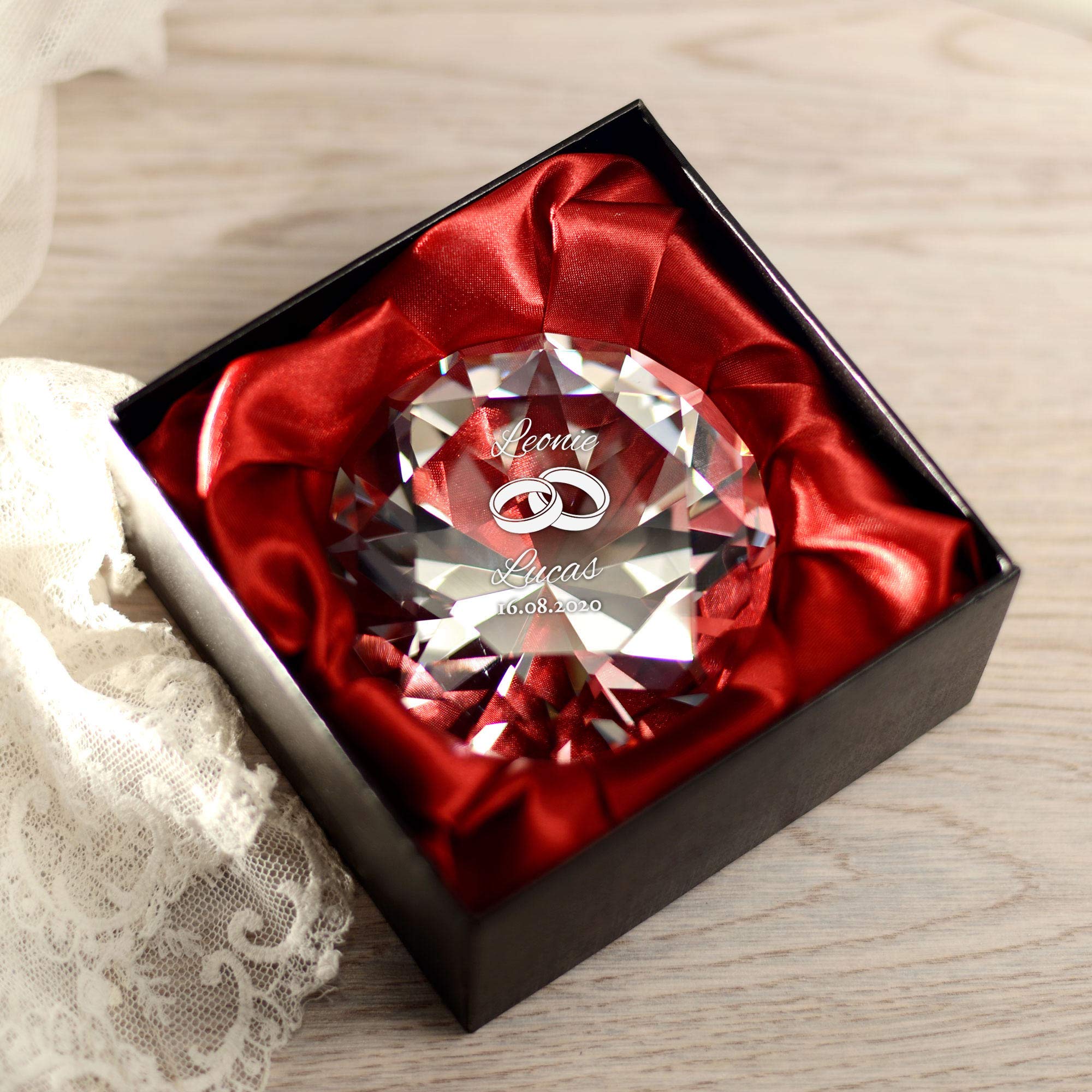 Casa Vivente Cristallo in Vetro a Forma di Diamante, Incisione Personalizzata con Nomi e Data, Motivo Fedi, Fermacarte da Scrivania, Regalo di Nozze