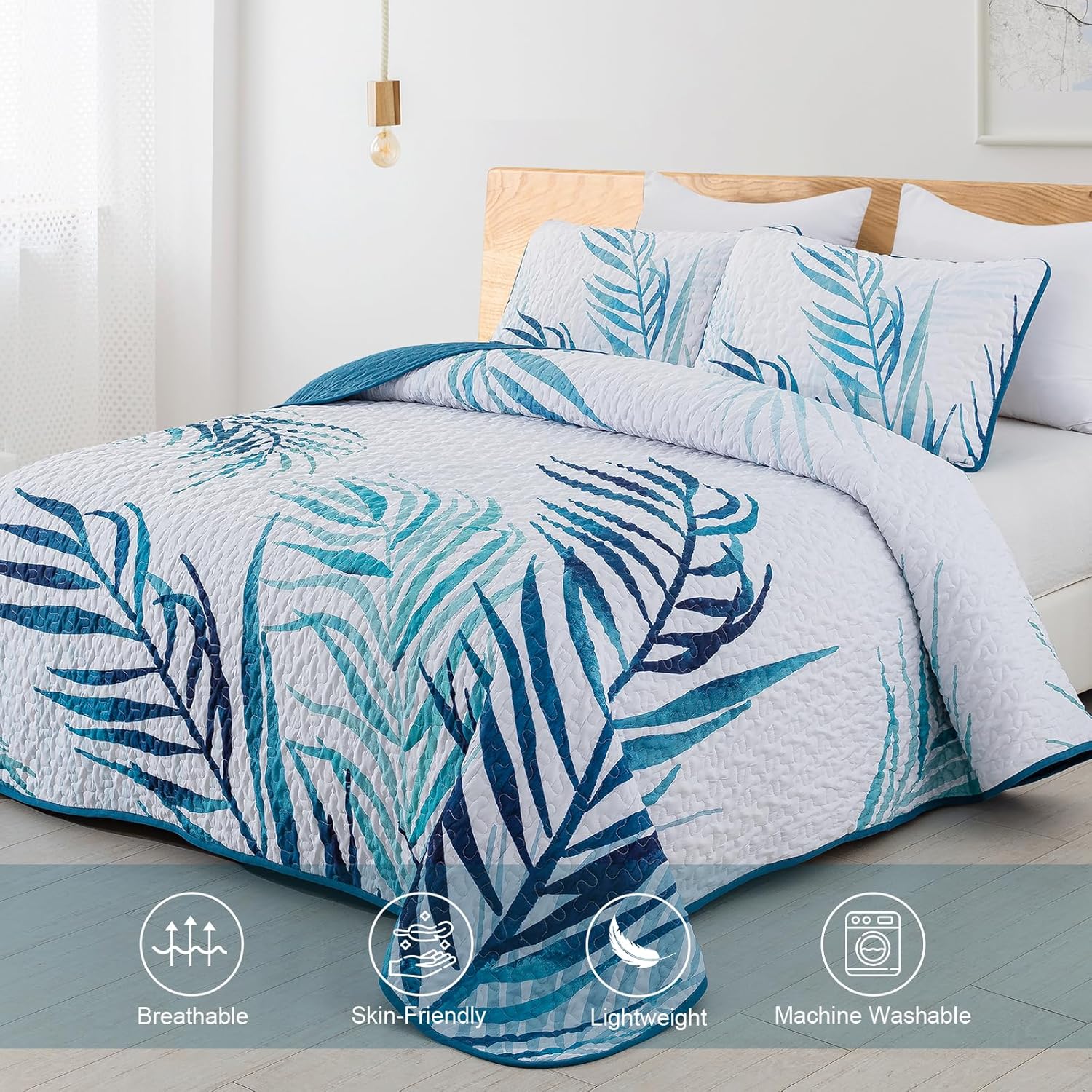 Goodidea Botanical Quilt Set King,3 Pieces Teal Blue Palms Tree Bedspread Reversible Lightweight Soft Microfiber Navy Bedding Set with 2 Pillowcases for All Season(King,104"x90") - Image 2