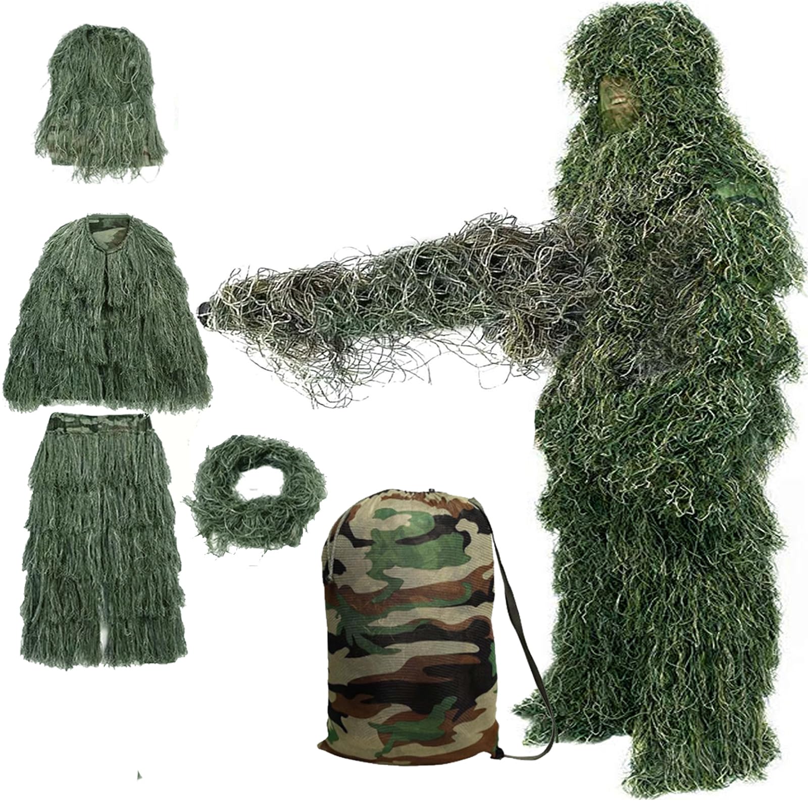 DoCred 5 in 1 Ghillie Suit, 3D Camouflage Hunting Apparel Including Jacket, Pants, Hood, Carry Bag, Adult and Youth Sizes