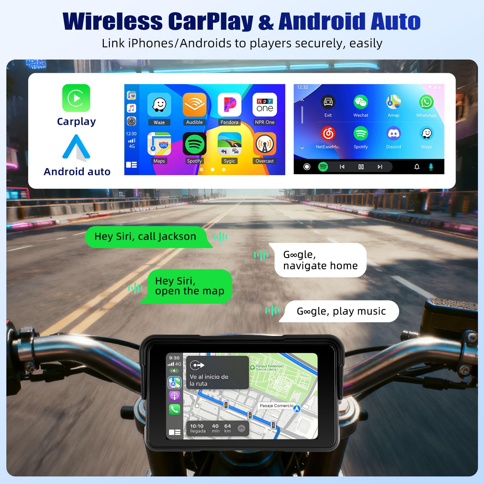 OiLiehu Motorrad GPS Wireless Portable CarPlay und Android Auto, 5 Zoll wasserdichtes Motorrad-Display mit Helligkeitseinstellung, Reifendruckerkennung, abnehmbarer Ständer, Plug and Play