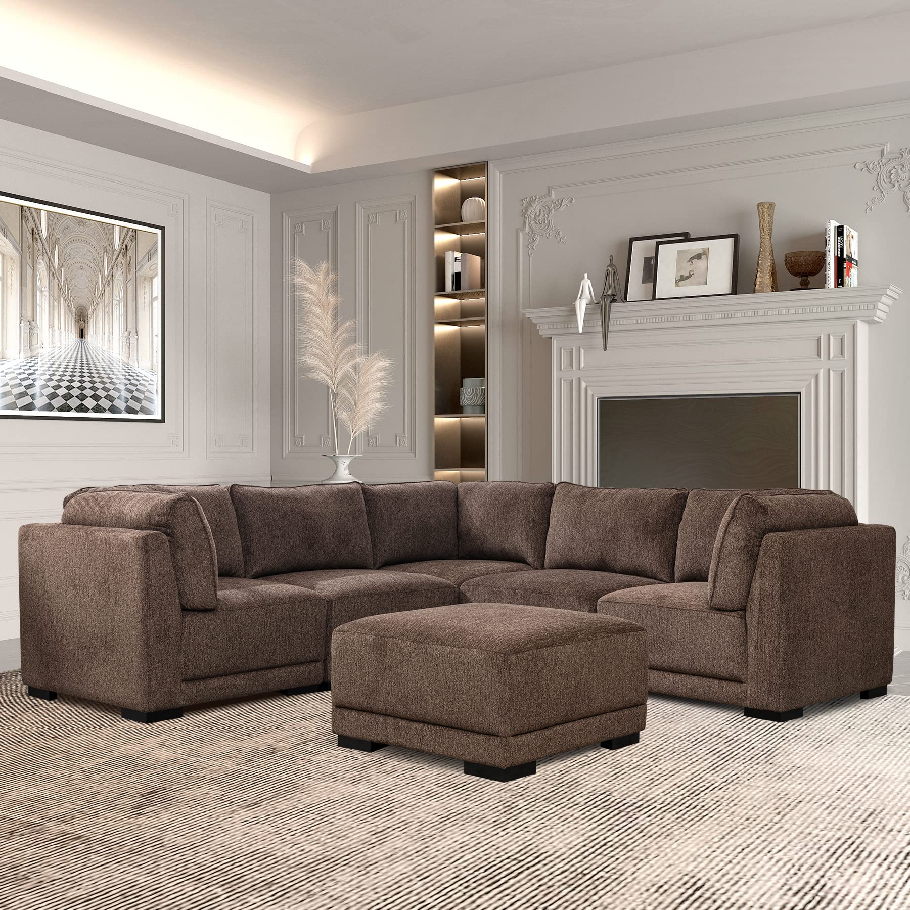 EBELLO Luxury Modern Modular Sectional Sofa, Chenille L Shaped Sofa Couch with Ottoman, Convertible Oversized Sleeper Sofa for Living Room, Brown - Incomplete Only Box 4/5 