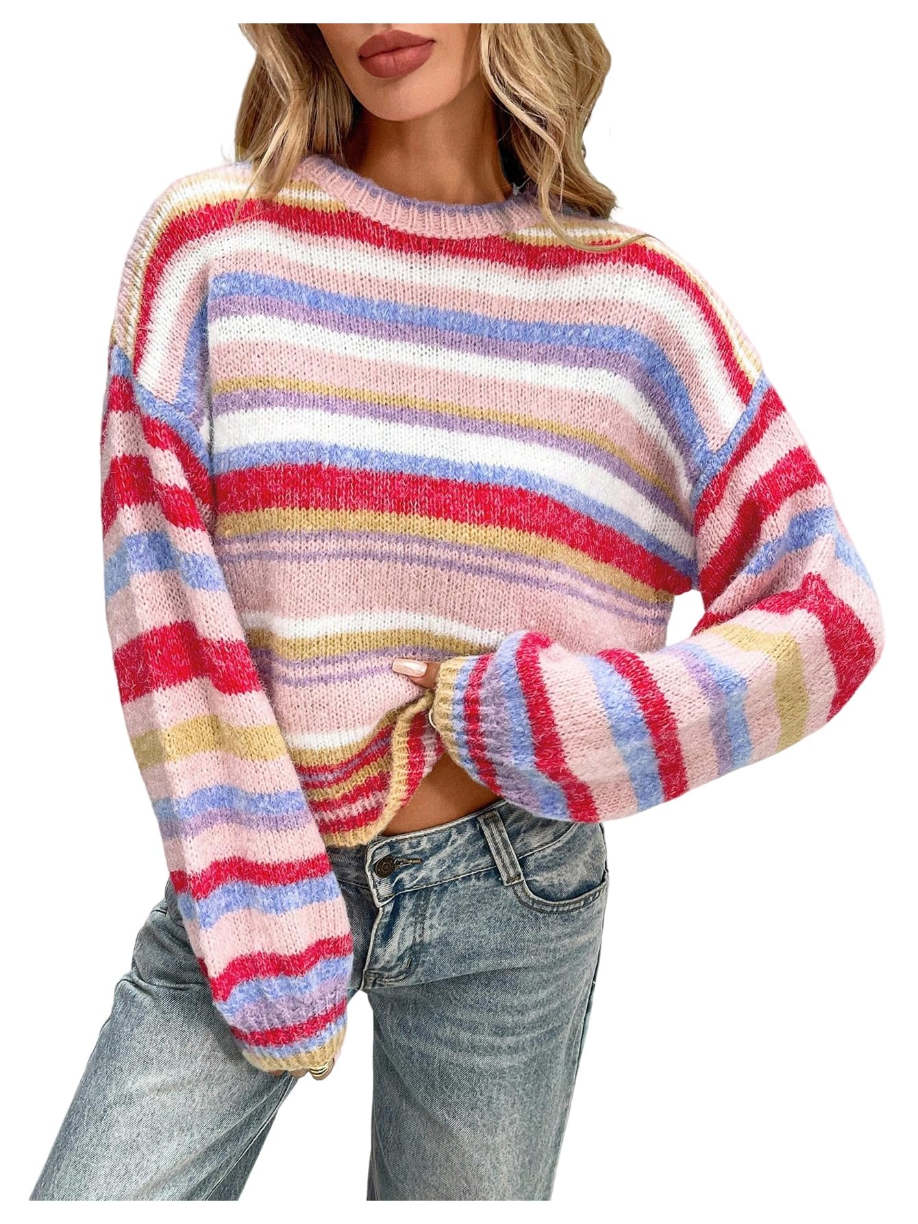 OYOANGLE Womens Colorful Striped Sweater Lightweight Long Sleeve Crewneck Pullover Jumper Tops