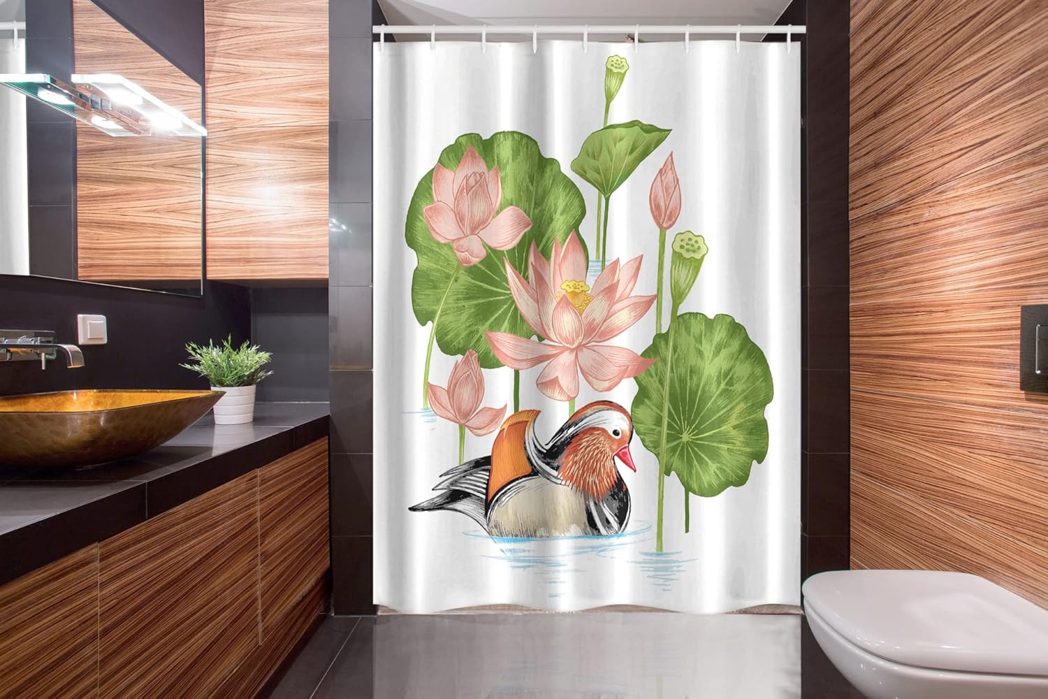 Ambesonne Rubber Duck Stall Shower Curtain, Mandarin Duckling in Pond with Lotus Lily Flowers Water Painting, Fabric Bathroom Decor Set with Hooks, 54" W x 78" L, White Green Pink