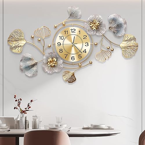 Miniatura 10 de Relojes para sala de estar, reloj de pared grande, reloj de pared silencioso 3D, diseño retro de hoja de ginkgo de metal, para dormitorio, cocina,