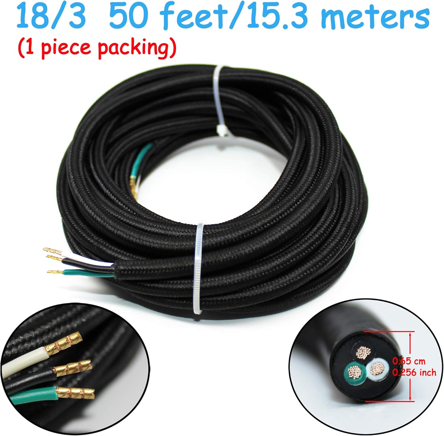 18/3 50 Feet AWG Antique Electric Wire Lighting Cord Rayon Covered Braided Black 18 Gauge 3 Conductor Flexible Fabric Vintage Pendant Lamp Power Cable(10A)