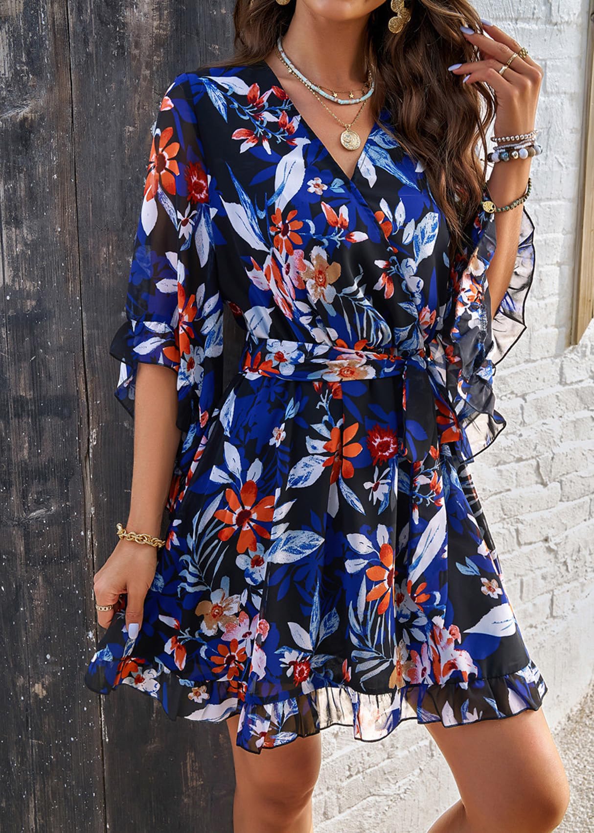 LAZIRO Abiti da Donna Primavera-Estate con Scollo A V E Manica Corta Svasata per Pendolari, Eleganti Abiti Stampati con Cravatta
