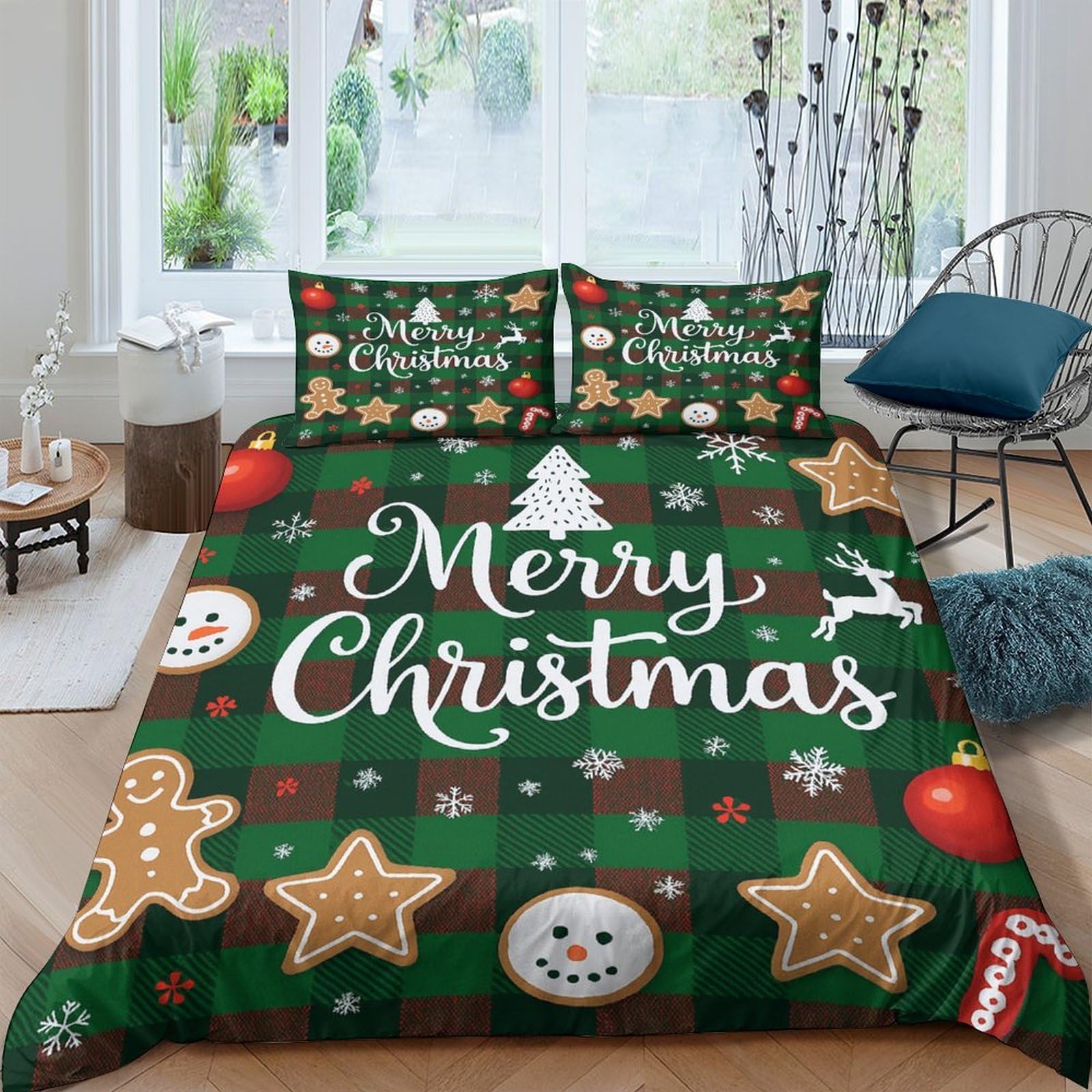 Ctjqhvkz Style-3 3D Printed Christmas Gingerbread Fitted Sheet Microfiber Soft Green Snowman Bed Cover For Bedroom Guest Room Mattress Protection Single（135X200cm）