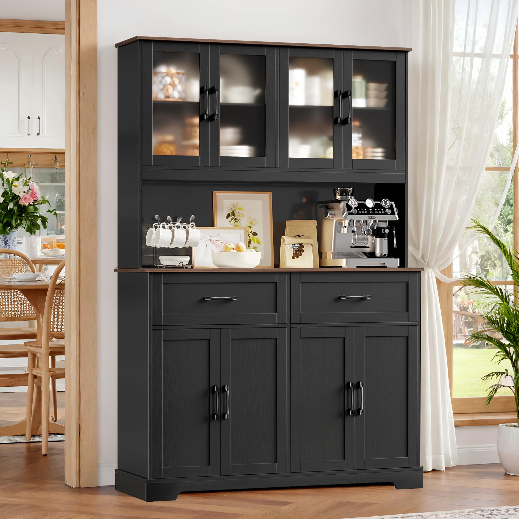71" Kitchen Pantry Cabinet, Black Kitchen Hutch with Microwave Stand, Glass Doors, Food Pantry Cabinet with Doors and Shelves for Dining Room, Black