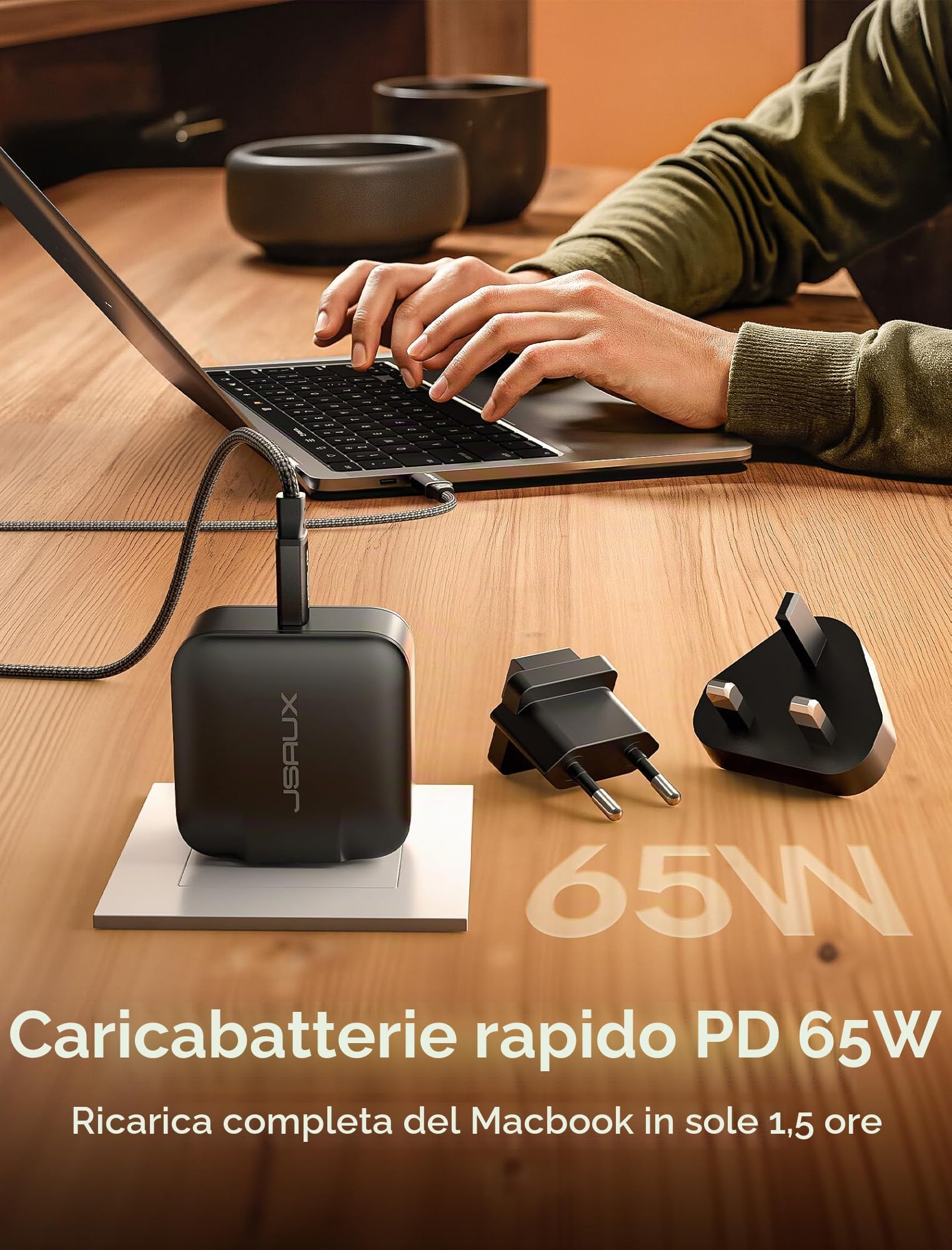JSAUX Caricatore USB C da 65W per Nintendo Switch 2, alimenta in modalità TV, con spine EU/UK e cavo da 2 m, ricarica rapida per console, smartphone, tablet e laptop – Nero