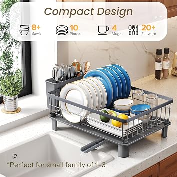 SNTD Dish Drying Rack - Small Dish Rack for Kitchen Counter, Stainless Steel Dish Drainer with Utensil Holder and Drainboard, 11 W x 15 L (Grey)