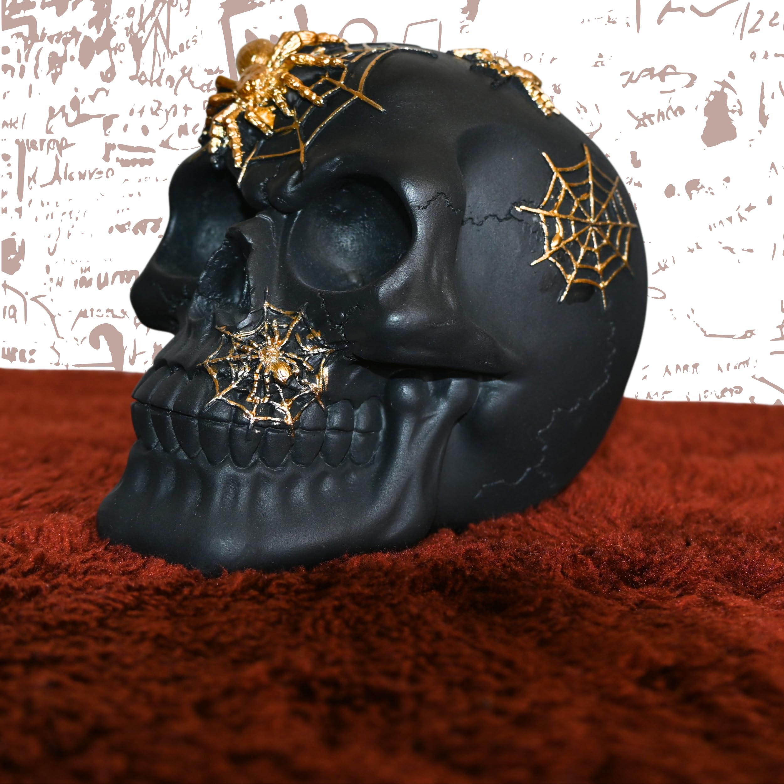 Calavera decorativa negra con arañas – calavera oscura romance – esqueleto cráneo – decoración espeluznante – Escultura del Día de los Muertos – Escultura espeluznante Halloween – esqueleto