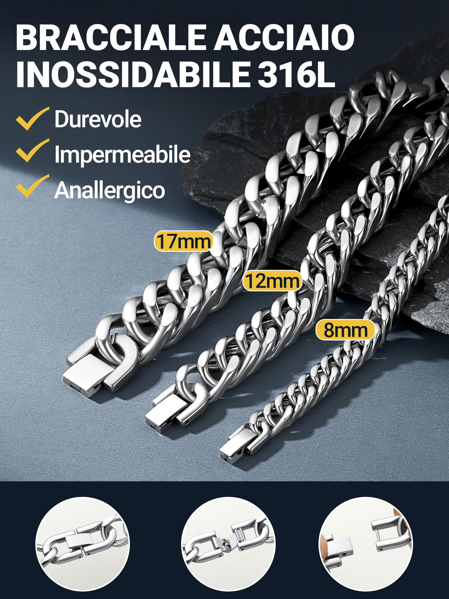 PROSTEEL Neutro Braccialetto Catena Cubana Uomo Stile Cyberpunk Minimalismo Larghezza 8/12/17MM Bracciale Catena Cubana Ritorta Artigianale Regalo Uomo