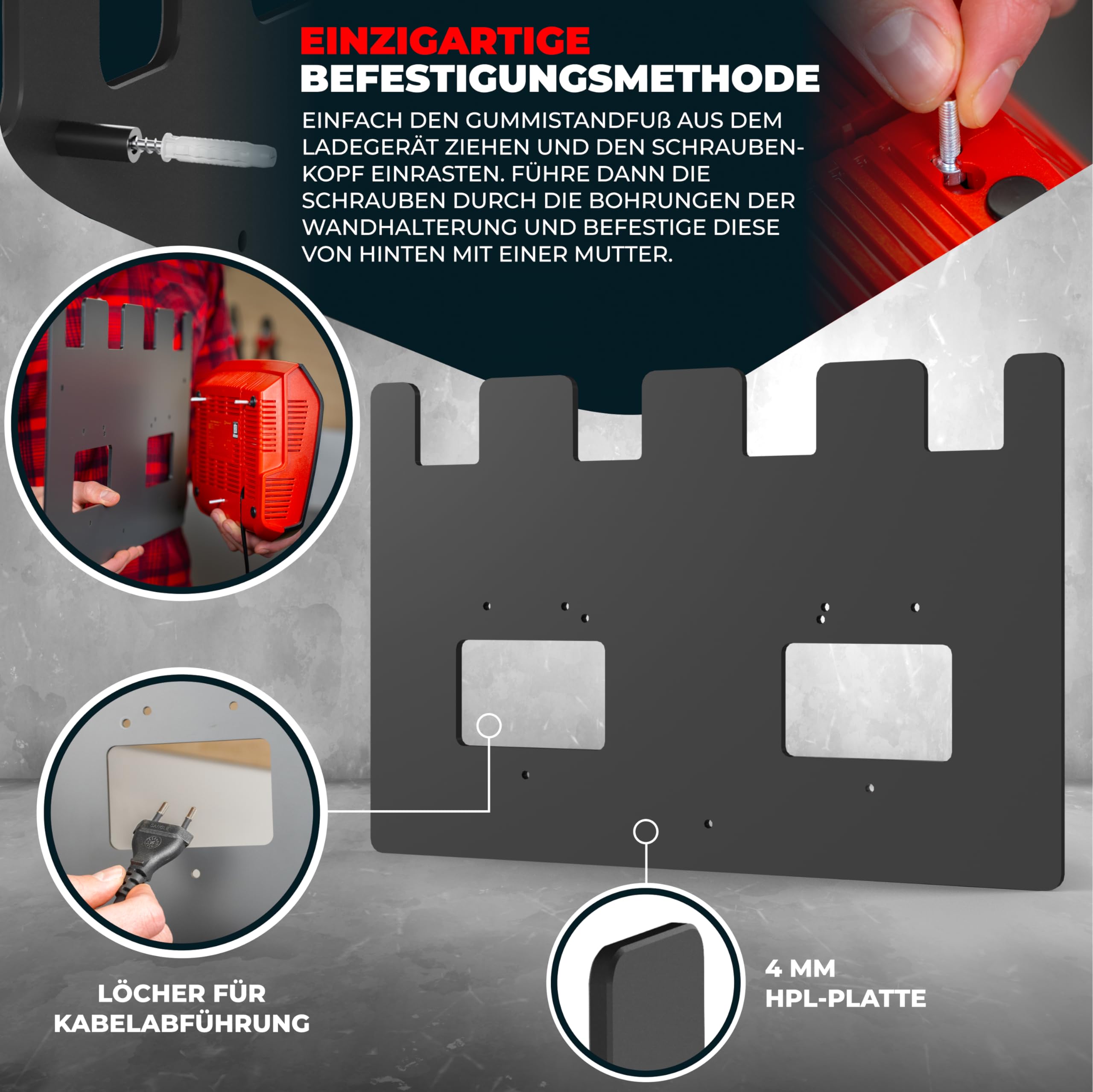 Wandfest® Wandhalterung für Einhell Akkus und Ladegeräte - Das Original | Glänzende & Matte Seite [Made IN Austria] | Stabile Einhell Akku Halterung | 1-4 Akkus