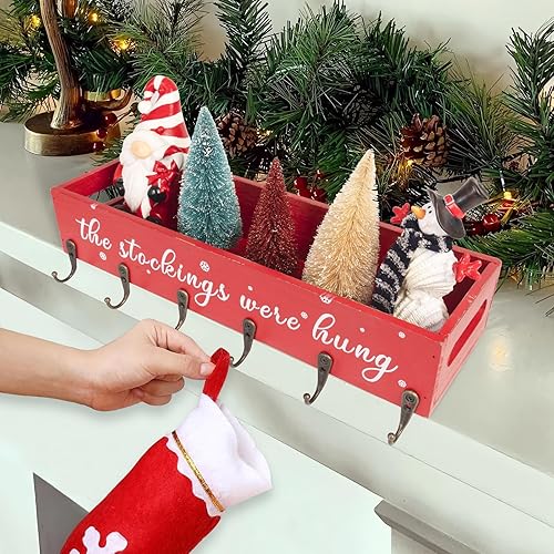 Miniatura 6 de Soporte para calcetines de Navidad de 15.7 pulgadas, caja de almacenamiento de madera con 6 ganchos para colgar, letrero de The Stockings were Hung,