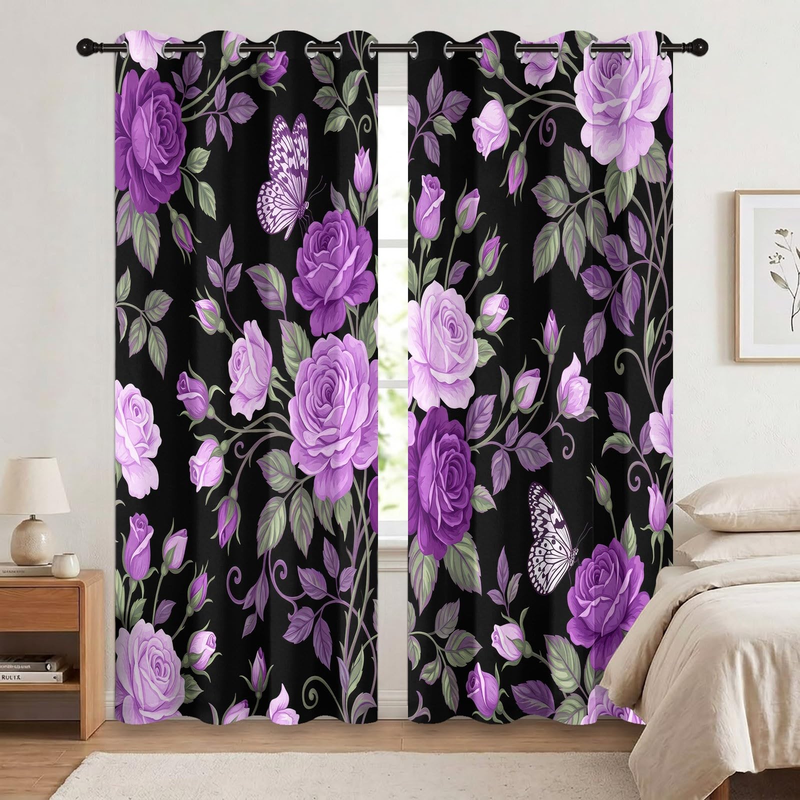 Zasłony zaciemniające w kwiaty zwierzę 91,5 L x 214H cm (2 panele), termoizolacyjne różowe i motylkowe mocowanie z oczkami do sypialni, czarno-fioletowy