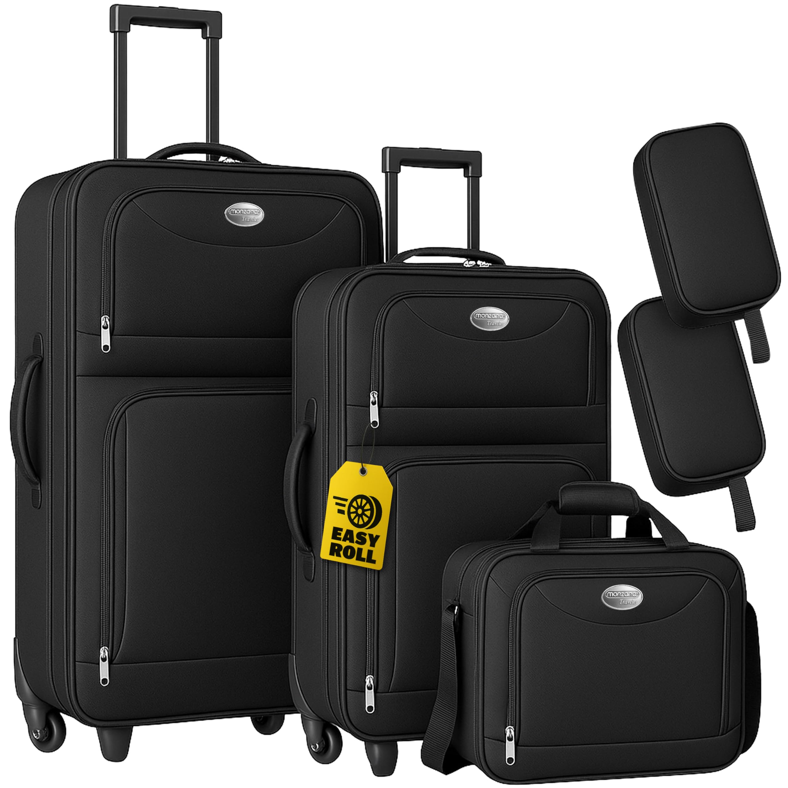 5-Piece Soft Shell Luggage Set | 34L/60L Lightweight Suitcases with Wheels | Telescopic Handles | Cabin Bag | 16L Shoulder Bag & Cosmetic Bags | Click Strap System | Black Travel Trolley