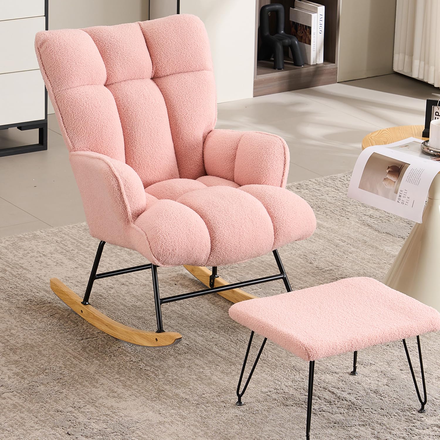Nursery Glider Rocking Chair with Ottoman, Upholstered Teddy Glider Rocker  for Nursery(2pcs/Set), Modern Rocking Reading Pink Glider Chair for Bedroom