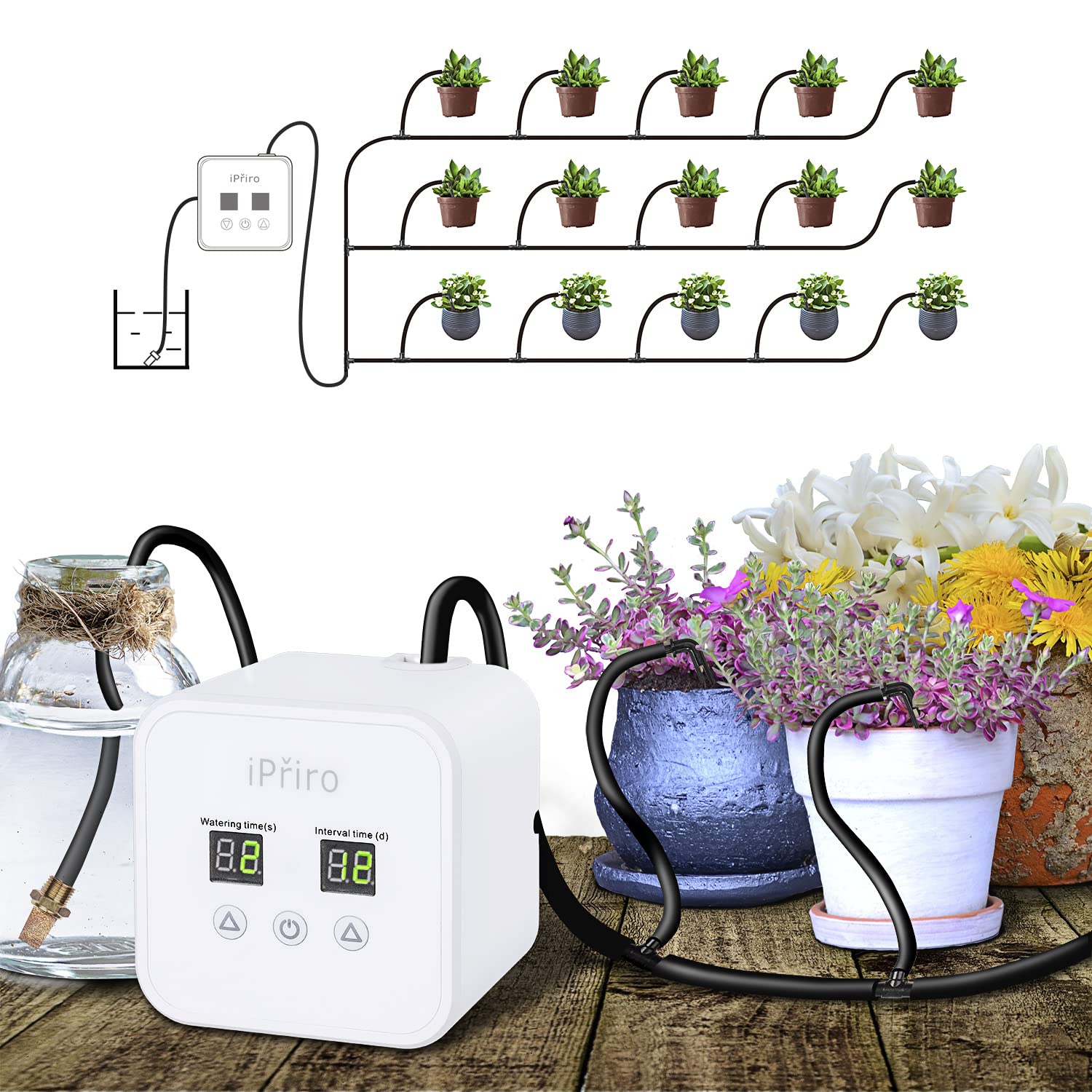 iPřiro Houseplants Automatic Watering System,Automated Watering Device with 30-Day Programmable Timer and 5V USB Charging Cable, for 15 Potted Plants Indoor