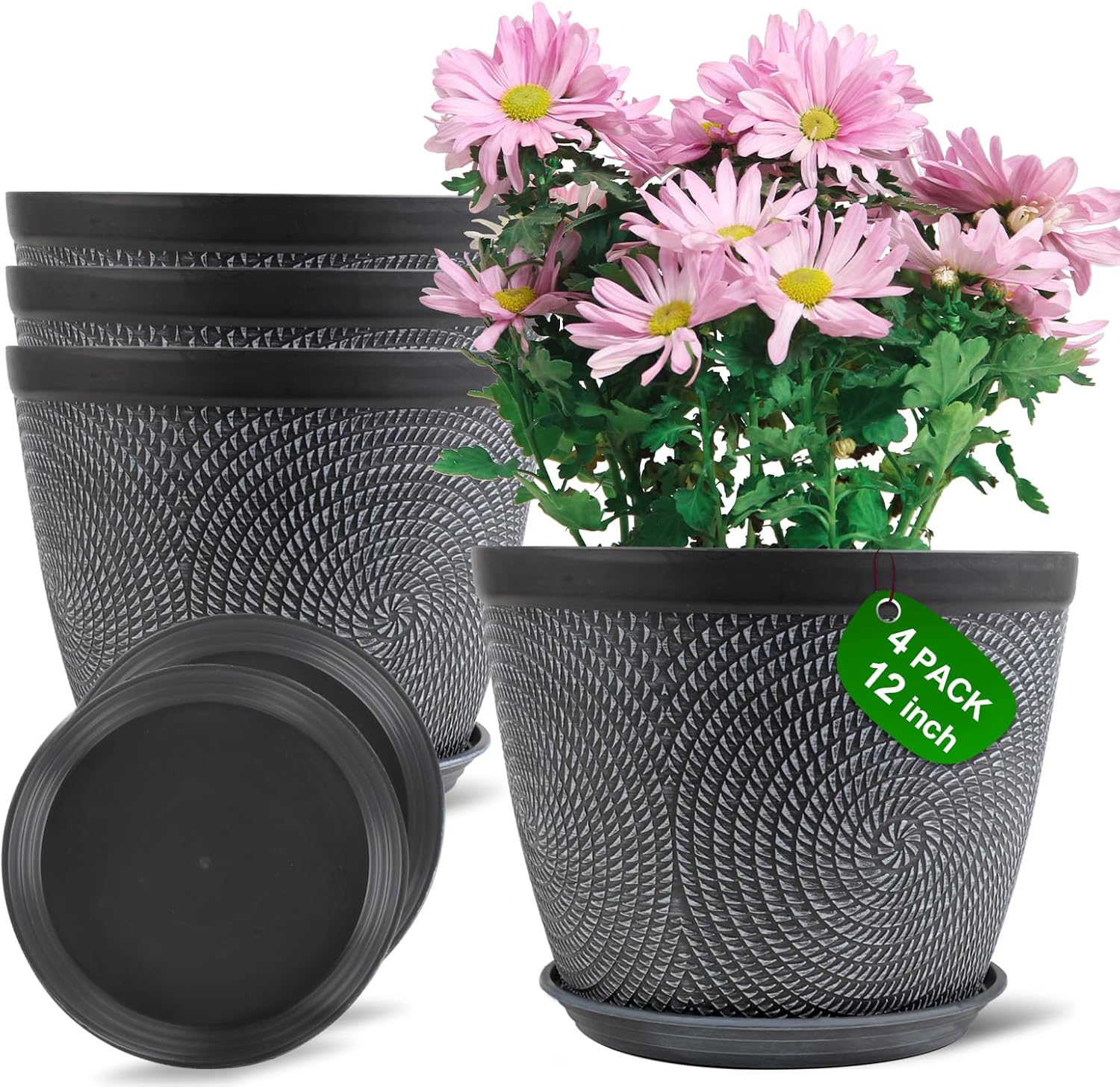 Quarut Large 12 Inch Plant Pot for Plants Outdoor Indoor, 4 Pack Plastic Flower Pots with Drainage Hole & Saucer, Modern Decorative Garden Pot with Saucer, Plant Container for House?Gray?