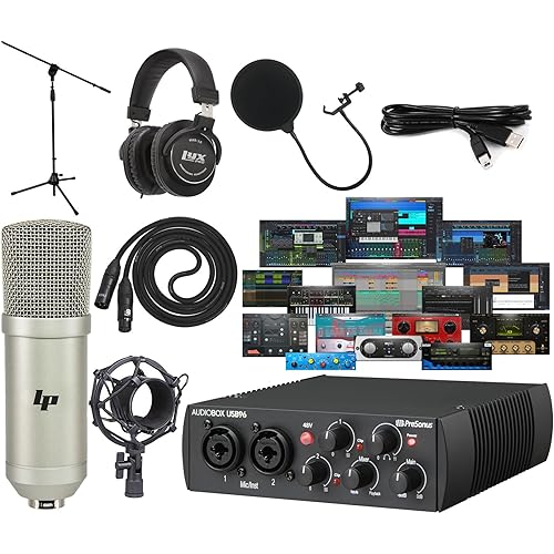 Presonus AudioBox 96 25th Anniversary Audio/Midi Recording USB Interface and NEW Updated Studio One Artist Software Kit with Condenser Microphone Shockmount and XLR Cable, Mic Stand