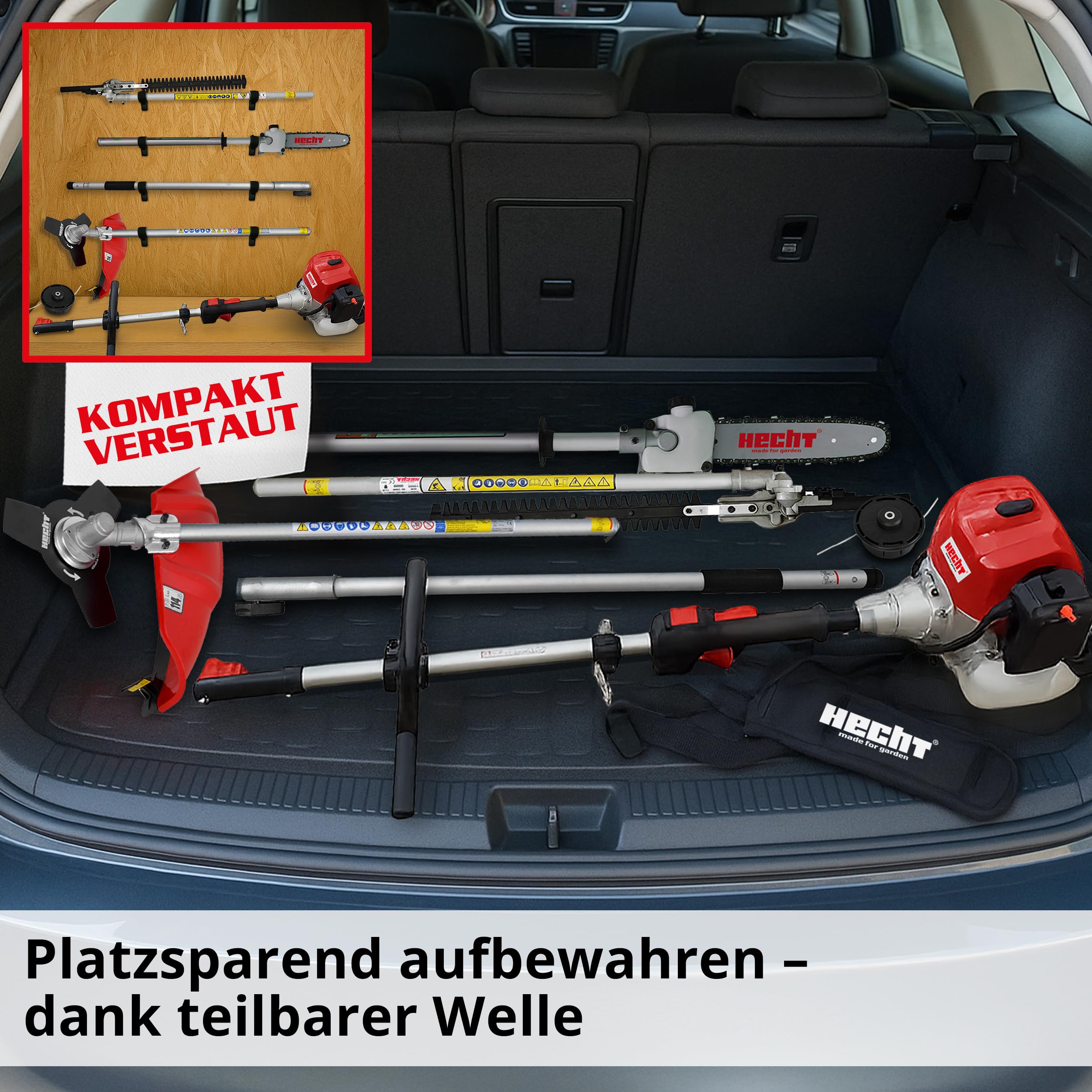 HECHT Hochwertiges 4 in 1 Benzin Multifunktionsgerät - Starke 2 PS - Freischneider, Rasentrimmer, Hochentaster und Heckenschere in Einem I Mit idealer Verlängerung
