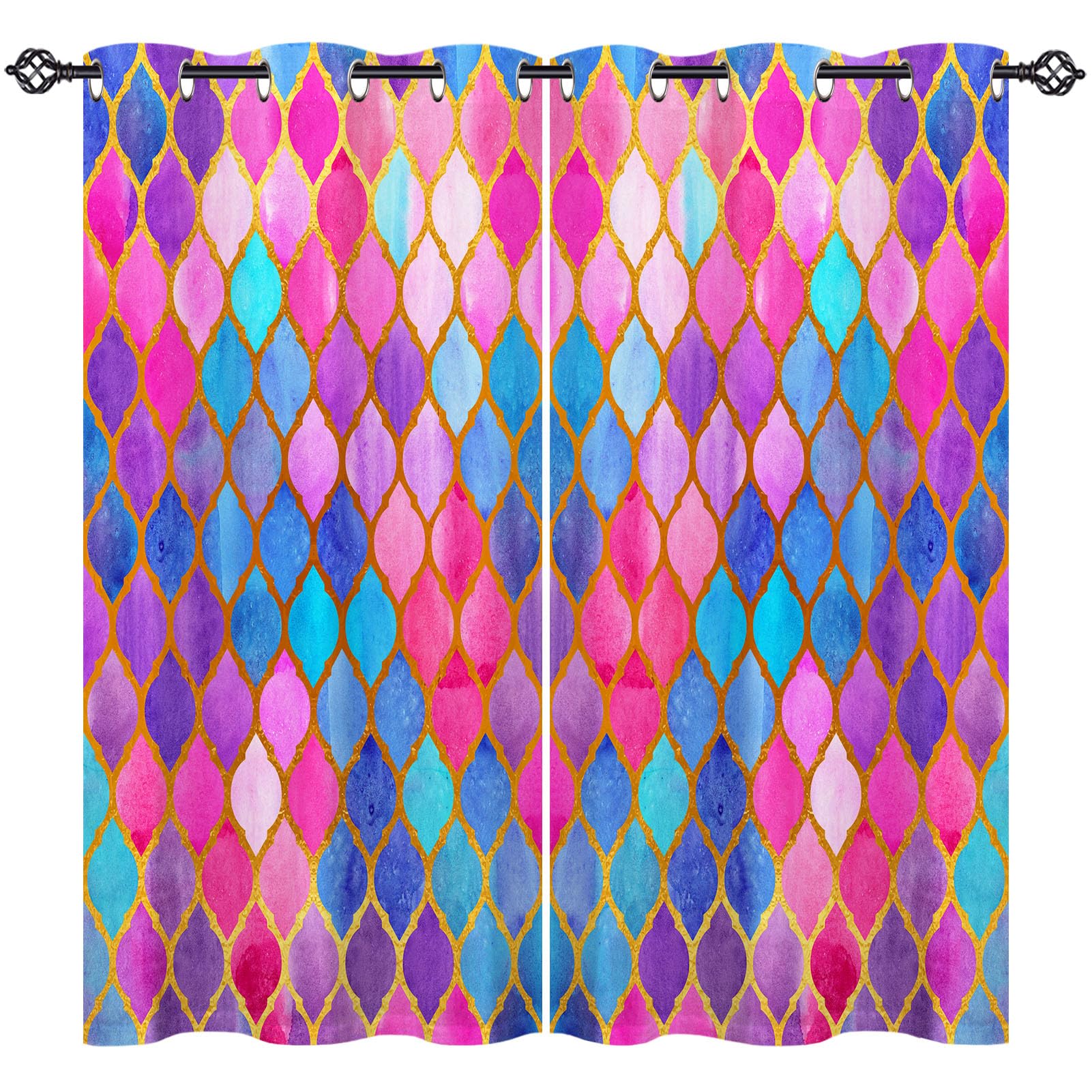 ANHOPE Mermaid Scale Curtains Eyelet Ring Top Soft Thermal Insulated Blackout Curtains Geometric Fish Scale Print Pattern Decorative Window Drapes for Bedroom Living Room 46 x 63 Drop Inch 2 Panels — image 1