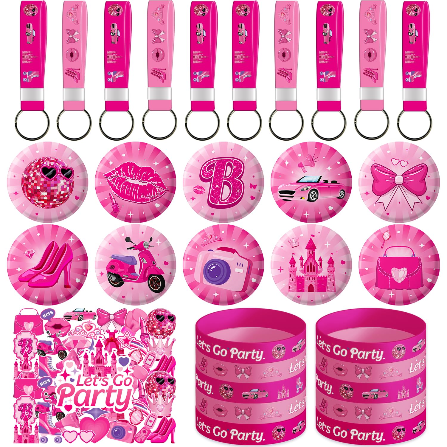 M AMFEOV 80Pcs Lets Go Party Decorations Party Favors, Hot Pink Girls Birthday Decorations Include 10 Bracelets, 10 Button Pins, 10 Keychains, and 50 Stickers, Pink Disco Bachelorette Party Supplies