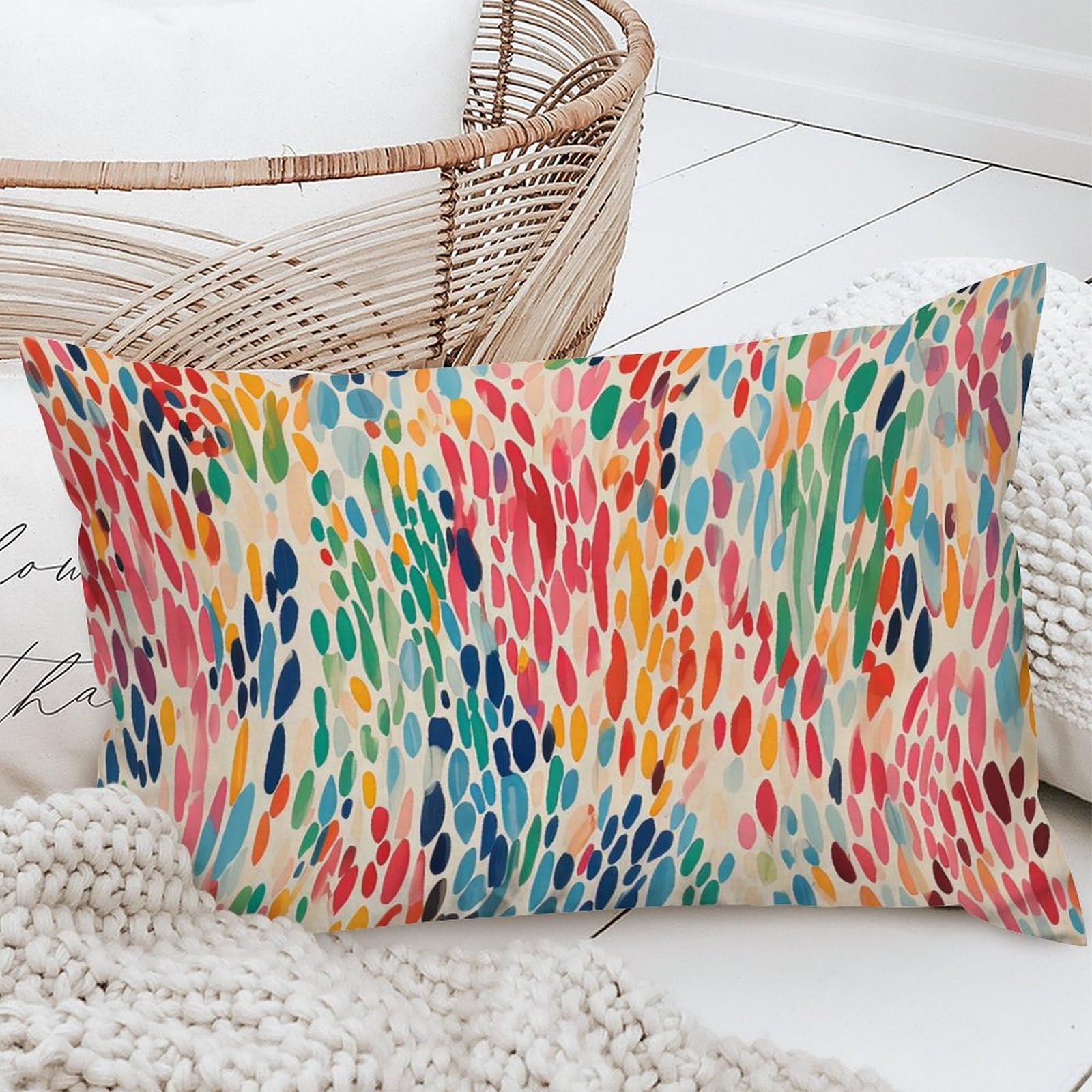 ArogGeld Rainbow Color Spots Cushion Cover Watercolor Colorful Abstract Art Throw Pillows Chinoiserie Asian Pillow Sham for Living Room Bedroom 16x24in White Linen Housewarming Gift (set of 2) 