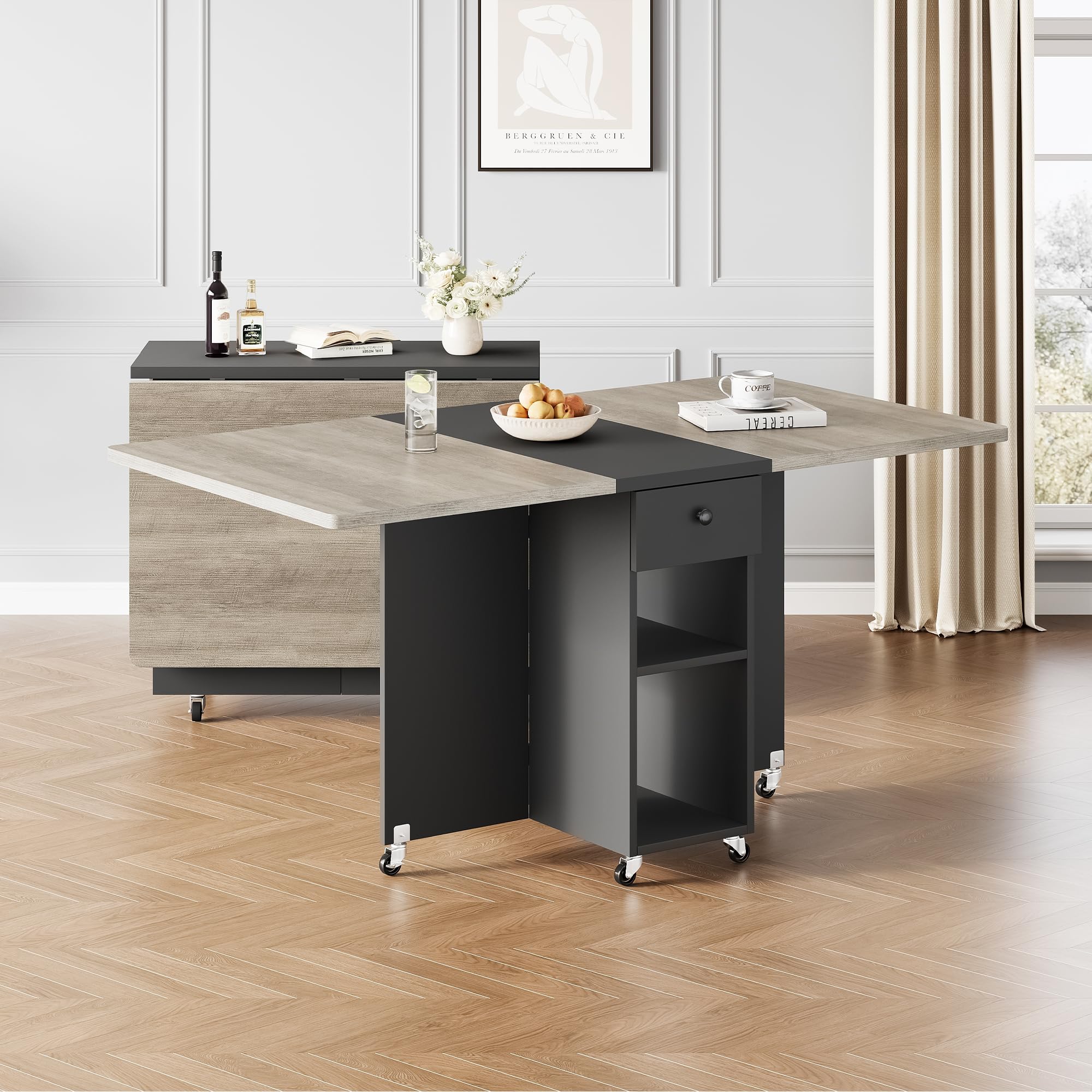 Jocoevol Table à Manger Pliable Gain de Place pour 4 Personnes, Table de Repas Pliante avec Tiroir et étagère de Rangement, Table de Cuisine et de Salle à Manger à Plateau Rabattable équipée (Gris)